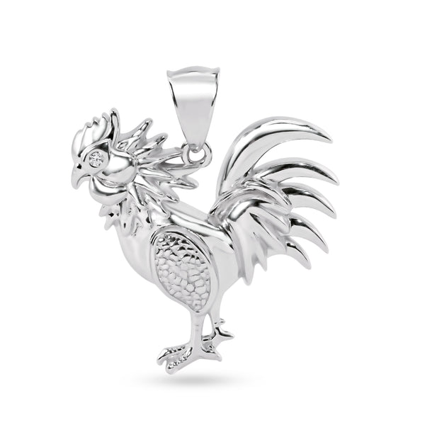 Rhodium Plated 925 Sterling Silver Rooster Clear CZ Eye Pendant - SLP00414