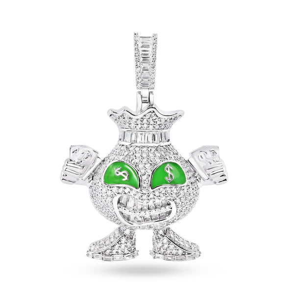 Rhodium Plated 925 Sterling Silver Cash GReedy Character Clear CZ Green Enamel Pendant - SLP00415
