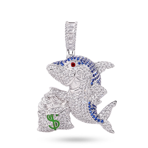 Rhodium Plated 925 Sterling Silver Money Bag Shark Greed Clear and Blue CZ Pendant - SLP00423