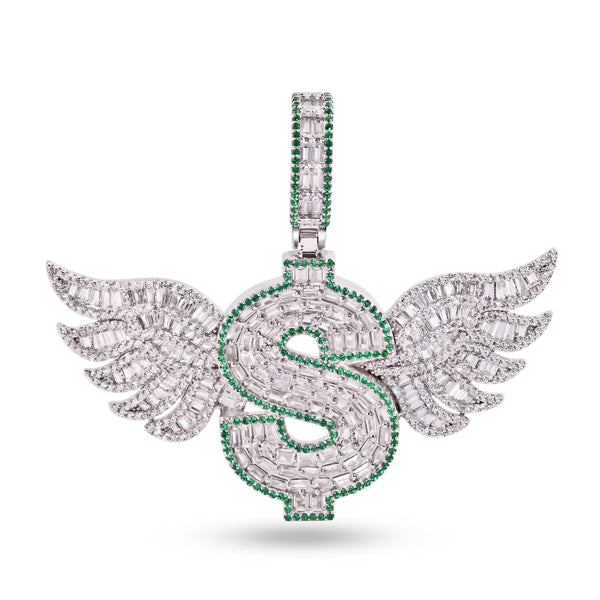 Rhodium Plated 925 Sterling Silver Dollar Sign Wings Baguette Clear and Green CZ Pendant - SLP00426