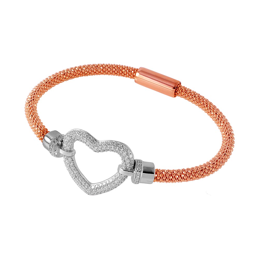 925 Sterling Silver Rhodium and Rose Gold Plated Open Heart Bracelet - ITB00181RGP-RH