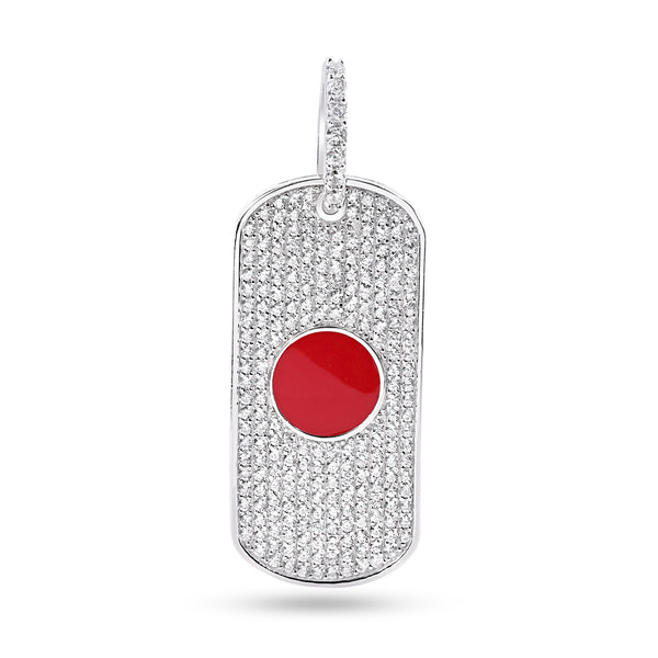 Rhodium Plated 925 Sterling Silver Rectangular Japan Flag Clear and Red CZ Pendant - SLP00430