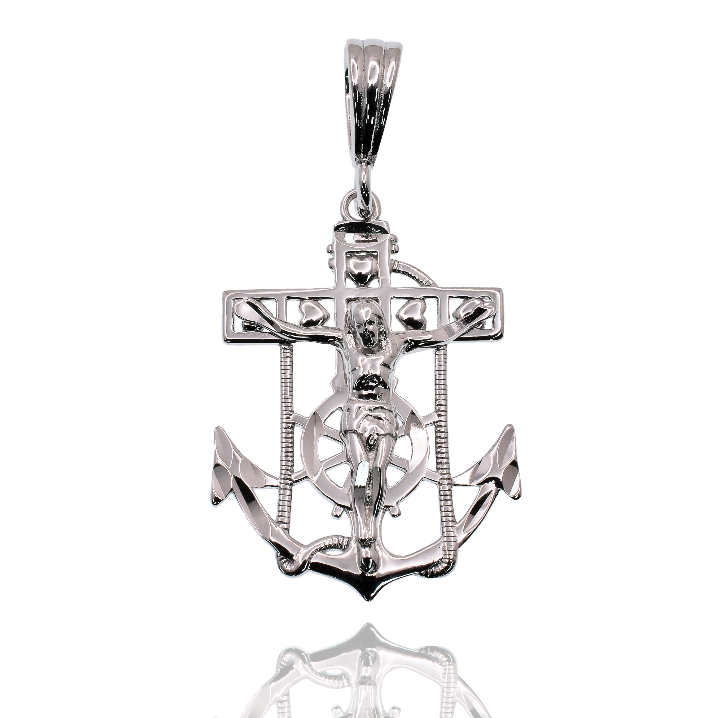 Rhodium Plated 925 Sterling Silver Anchor Crucifix Nautical 20mm x 28mm Pendant - SLP00474