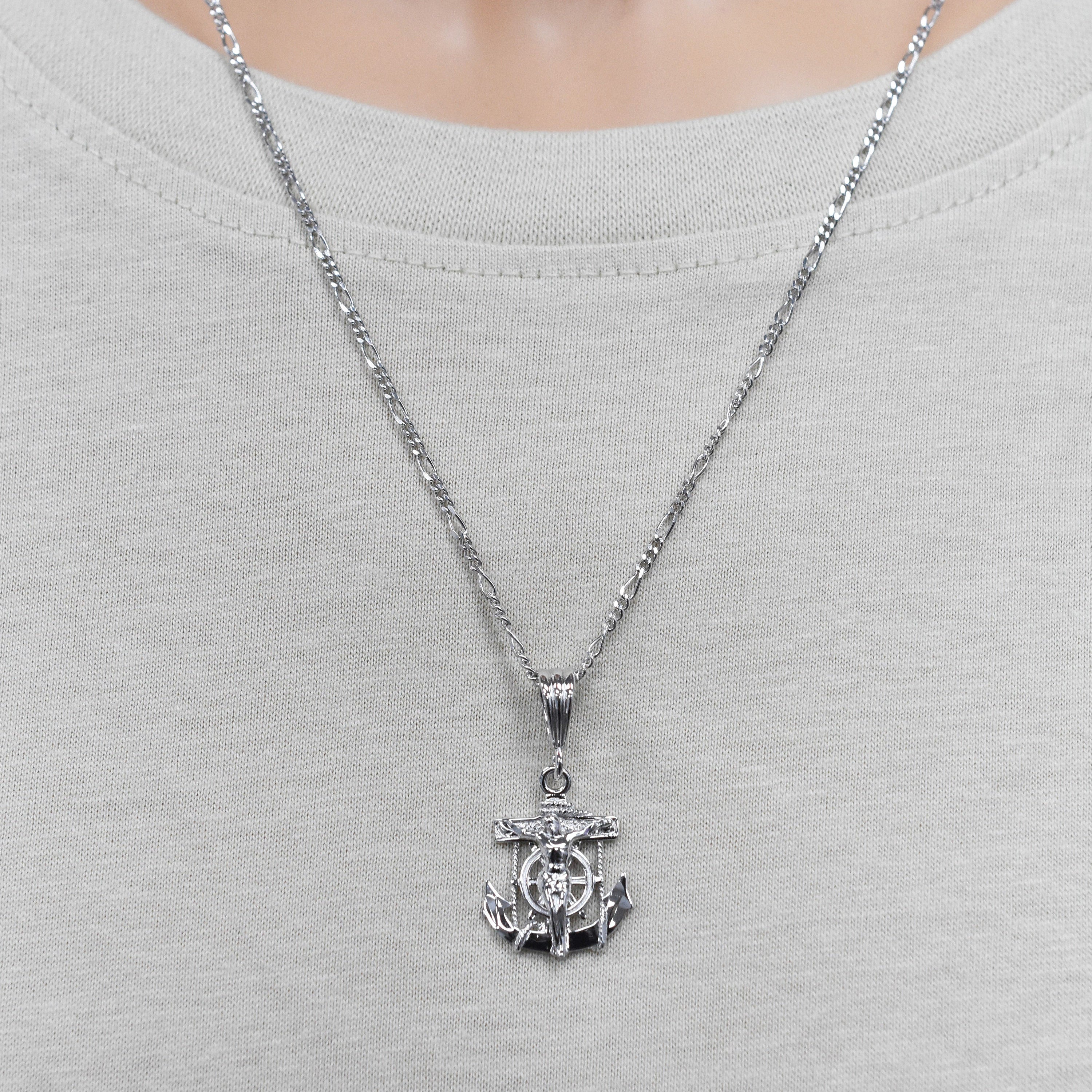 Rhodium Plated 925 Sterling Silver Anchor Crucifix Nautical 16mm x 21mm Pendant - SLP00475