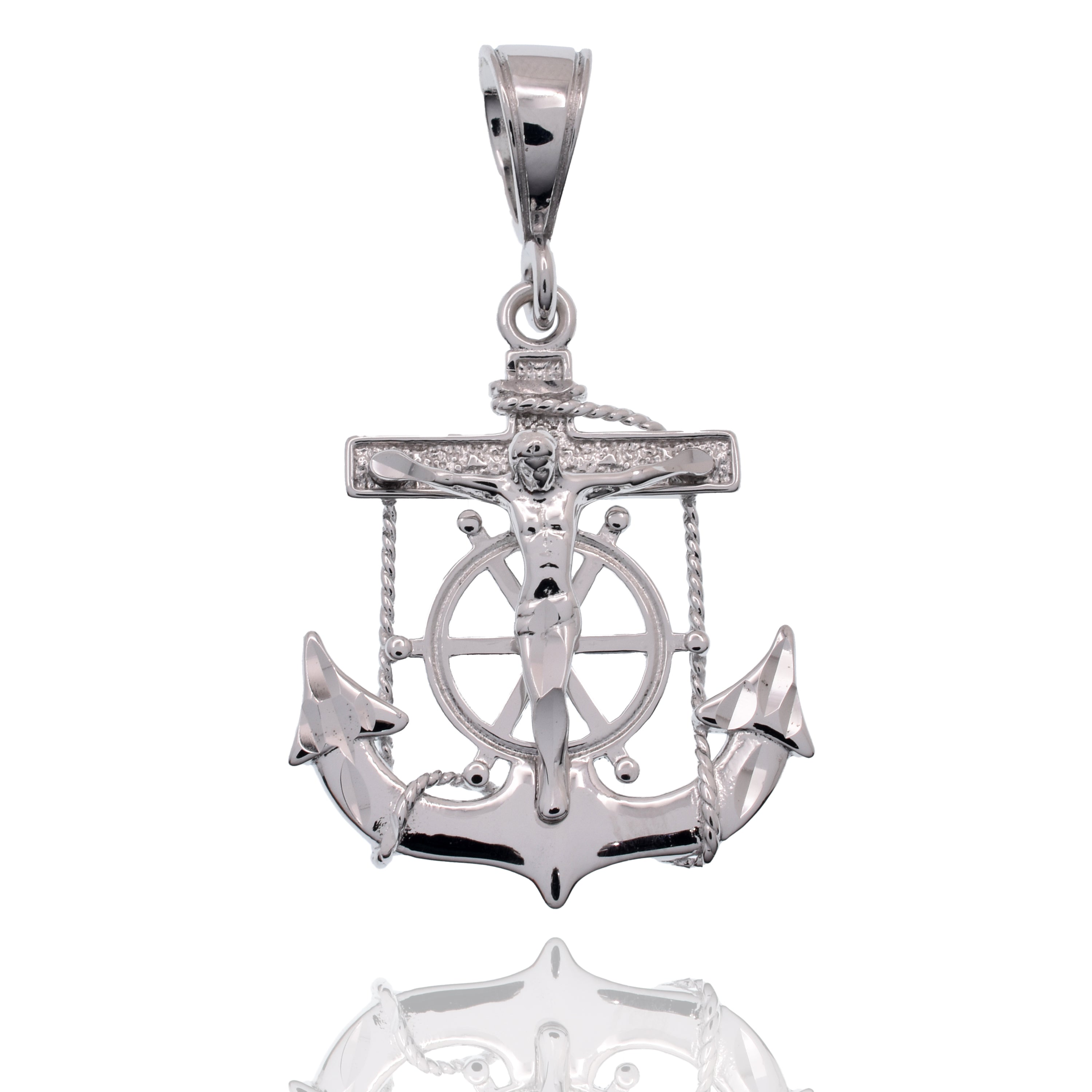 Rhodium Plated 925 Sterling Silver Anchor Crucifix Nautical 25mm x 33mm Pendant - SLP00476