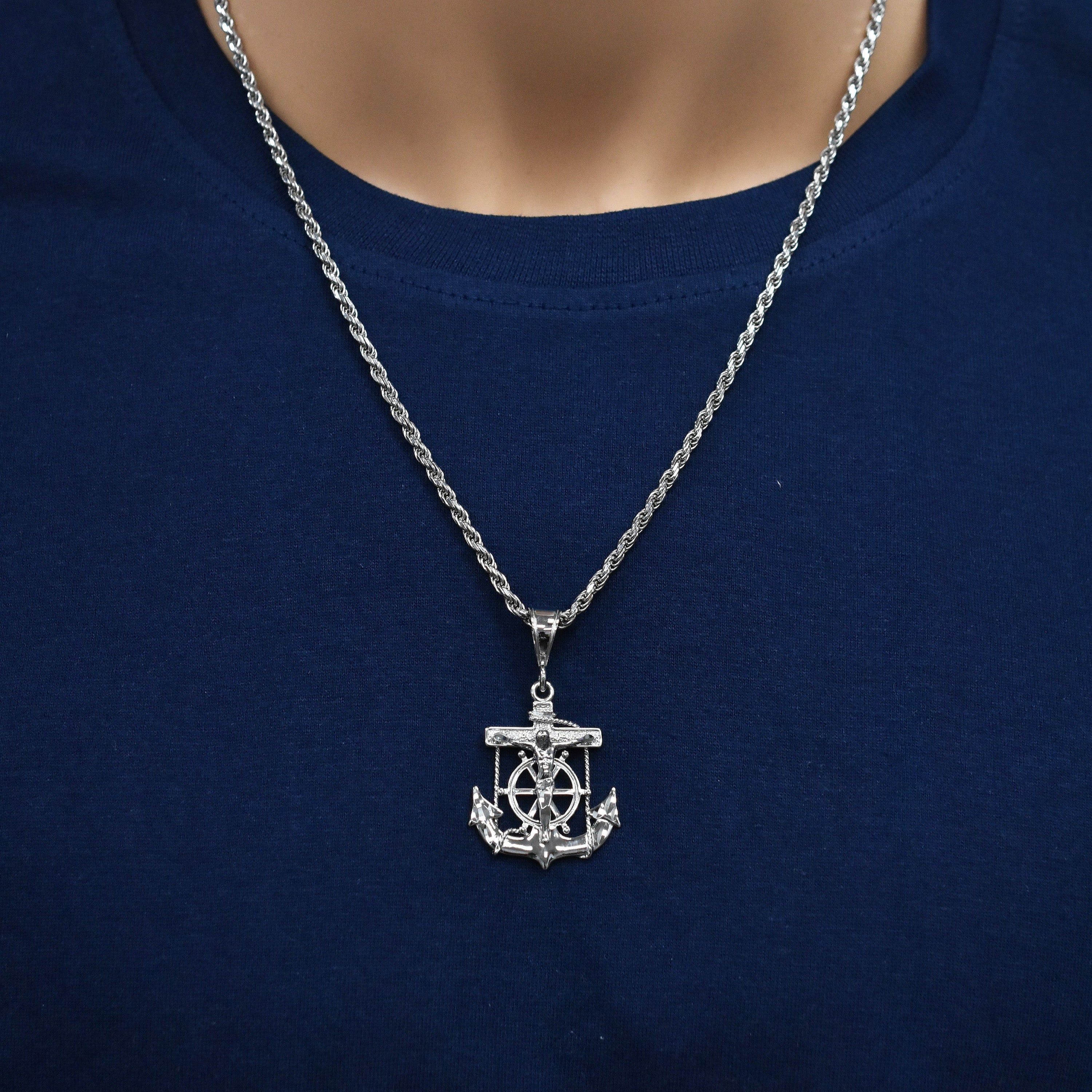 Rhodium Plated 925 Sterling Silver Anchor Crucifix Nautical 25mm x 33mm Pendant - SLP00476