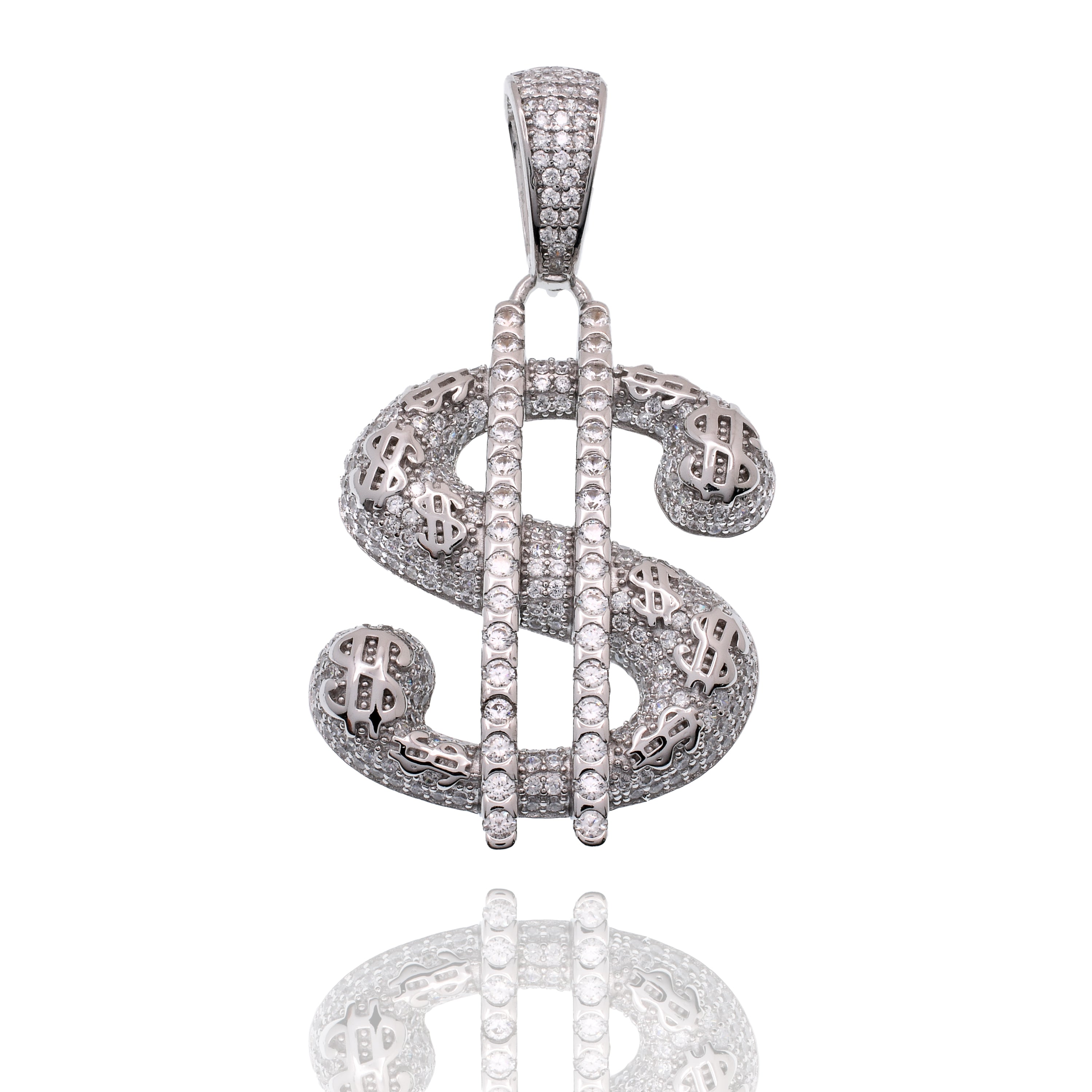 Rhodium Plated 925 Sterling Silver Dollar Sign CZ Studded 28mm x 41mm Pendant - SLP00479