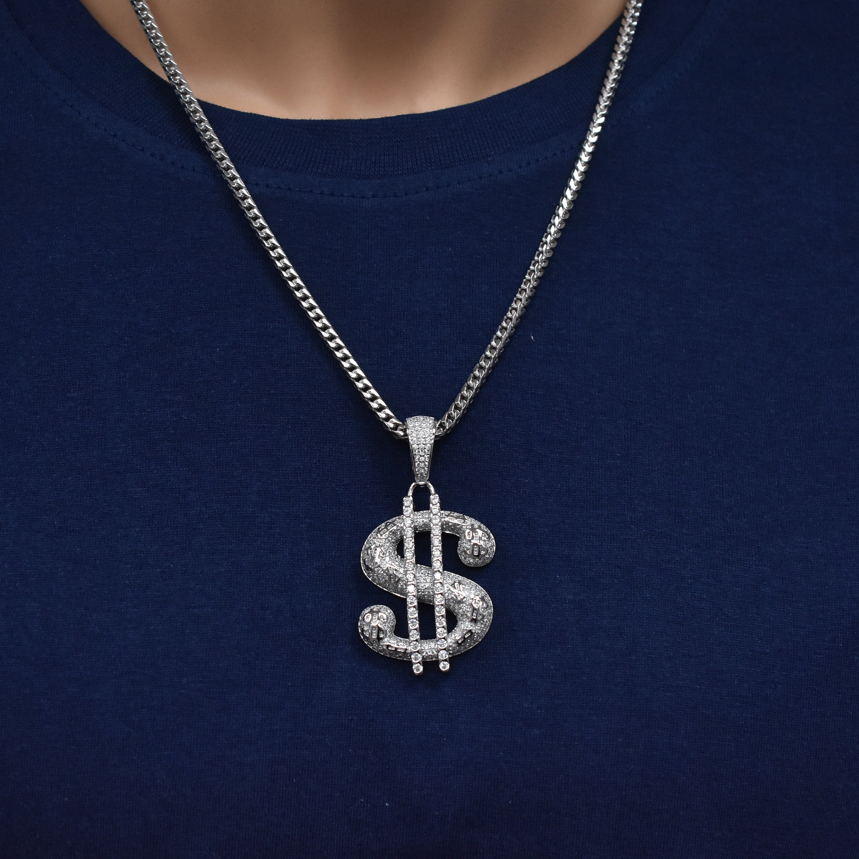 Rhodium Plated 925 Sterling Silver Dollar Sign CZ Studded 28mm x 41mm Pendant - SLP00479