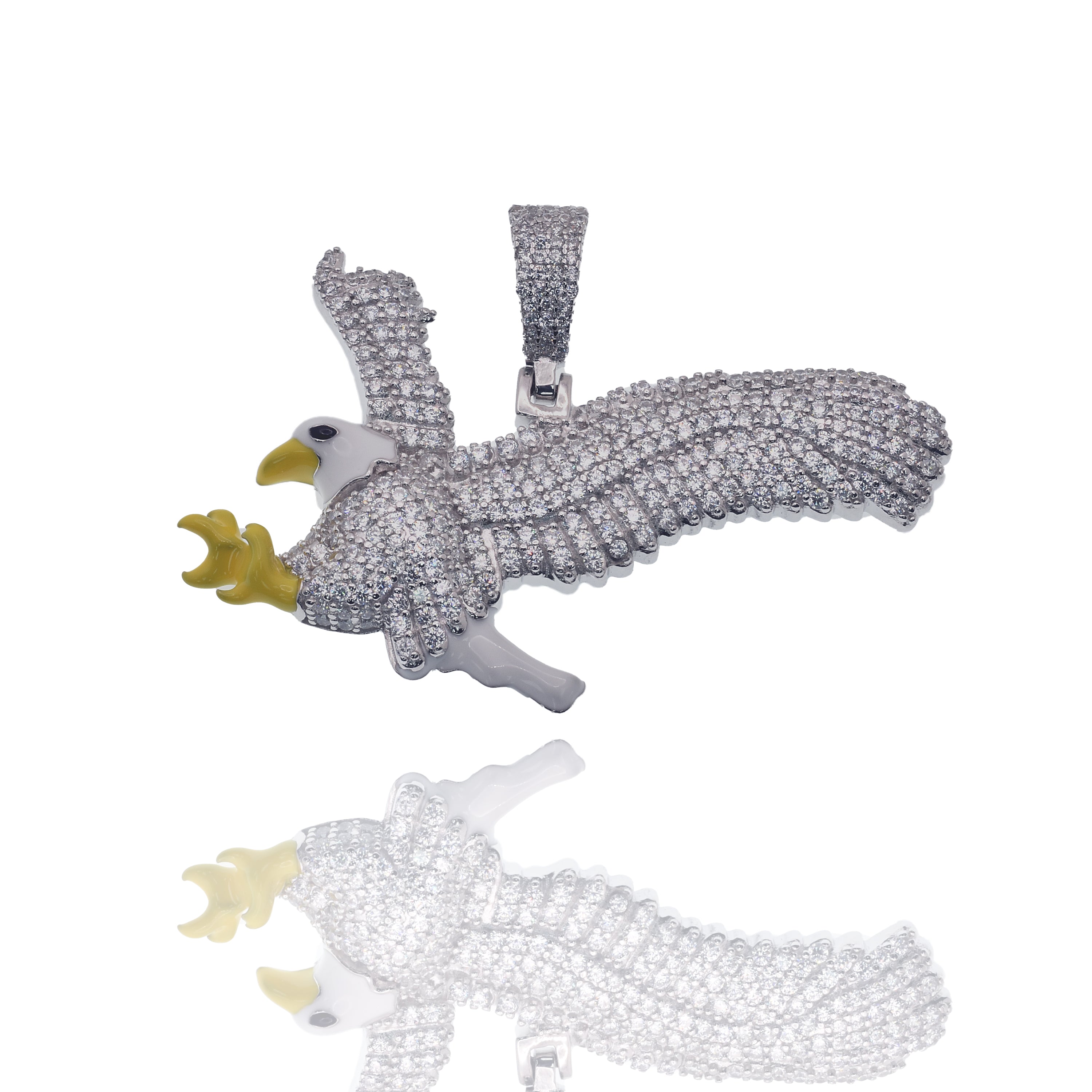 Rhodium Plated 925 Sterling Silver Eagle White and Yellow Enamel Iced Out 51mm x 28mm Pendant - SLP00481