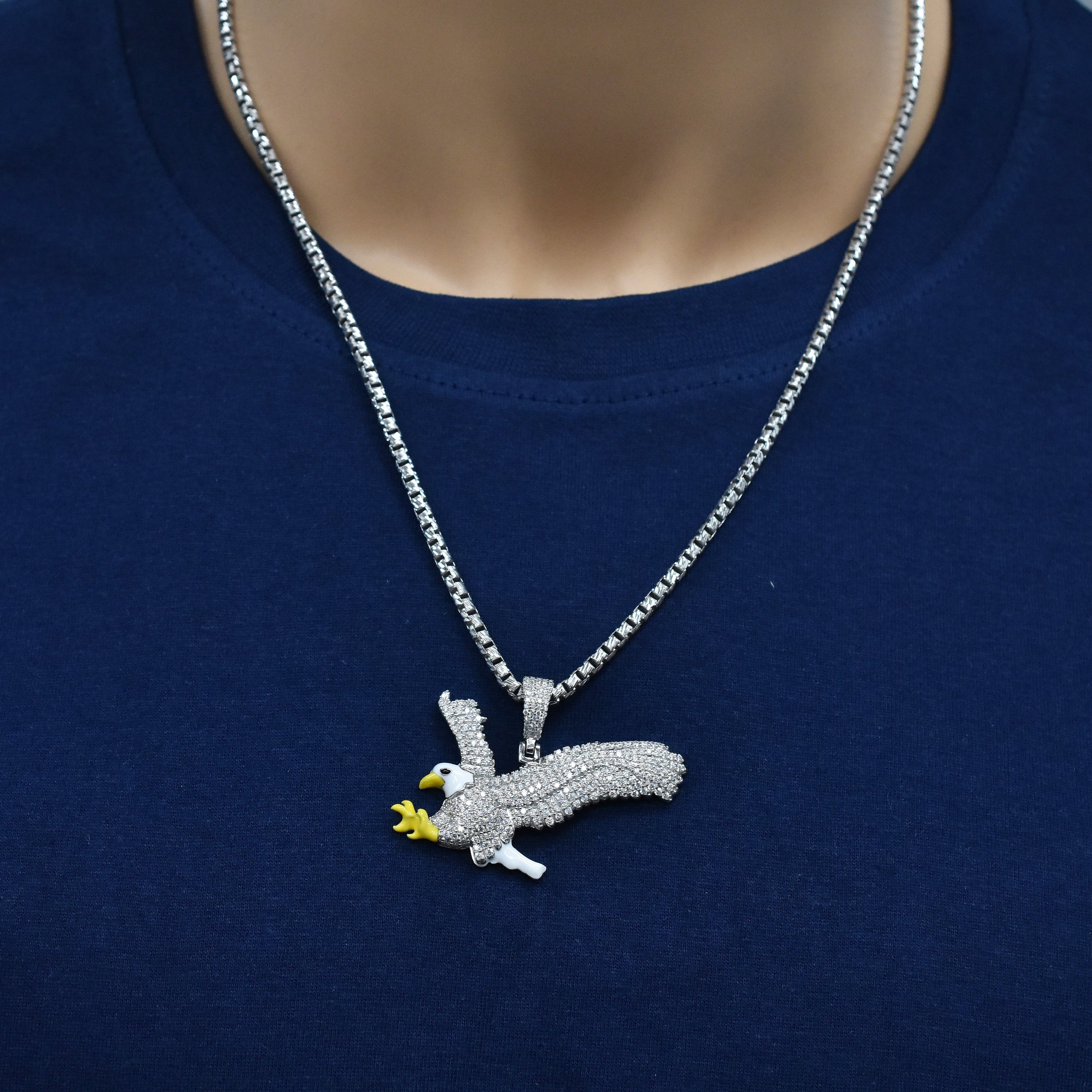 Rhodium Plated 925 Sterling Silver Eagle White and Yellow Enamel Iced Out 51mm x 28mm Pendant - SLP00481