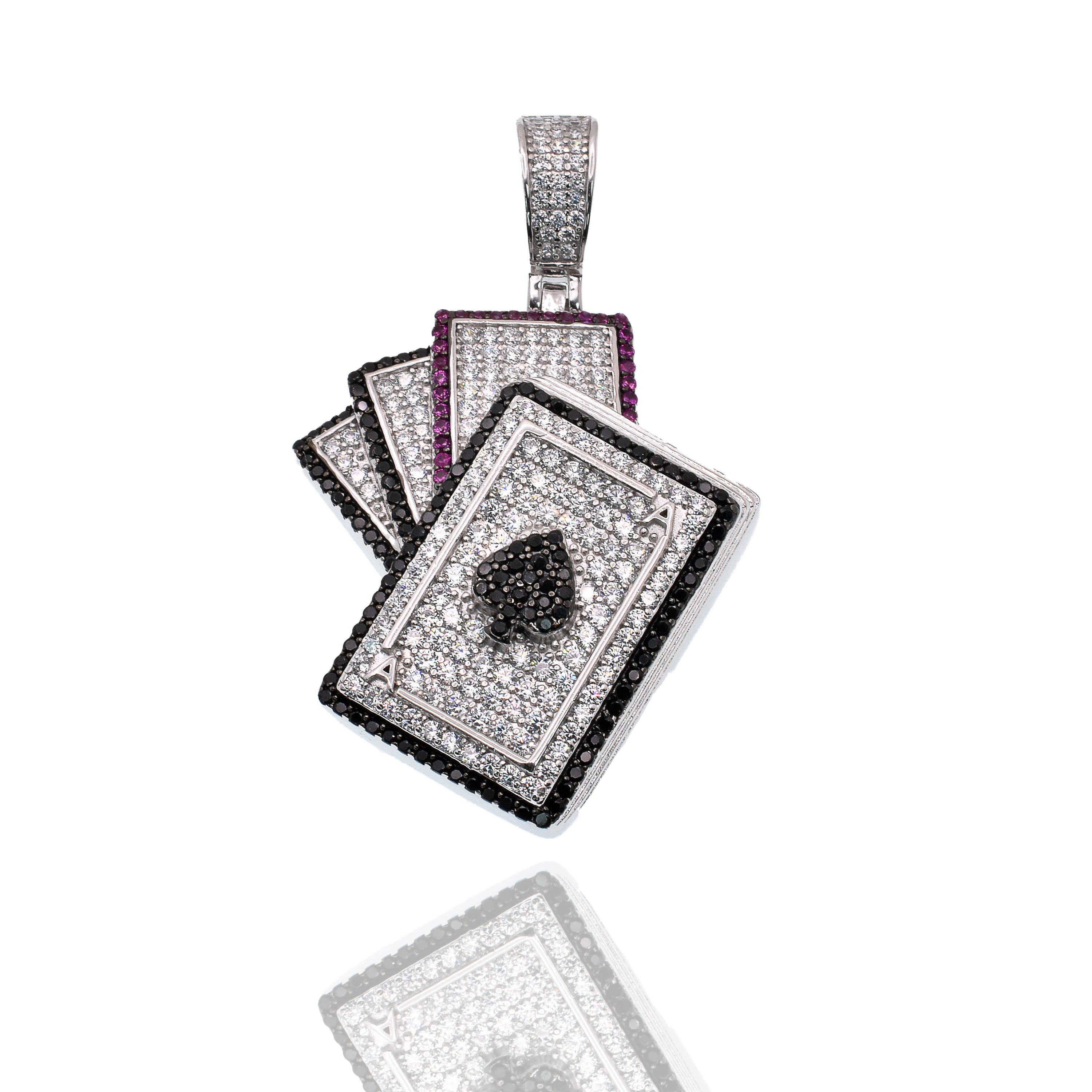 Rhodium Plated 925 Sterling Silver Cards Spade Clear Black and Red CZ 29mm x 34mm Pendant - SLP00482