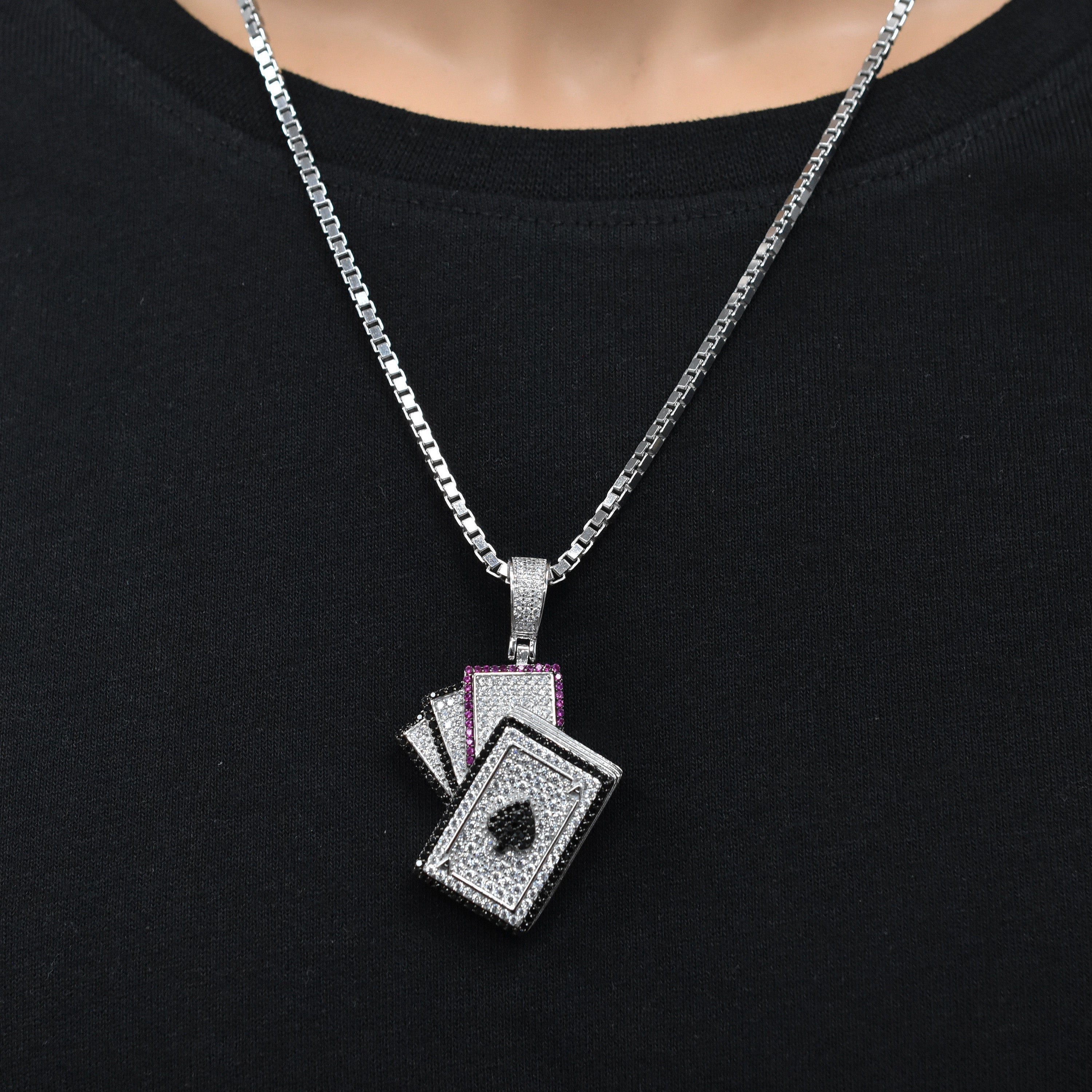 Rhodium Plated 925 Sterling Silver Cards Spade Clear Black and Red CZ 29mm x 34mm Pendant - SLP00482