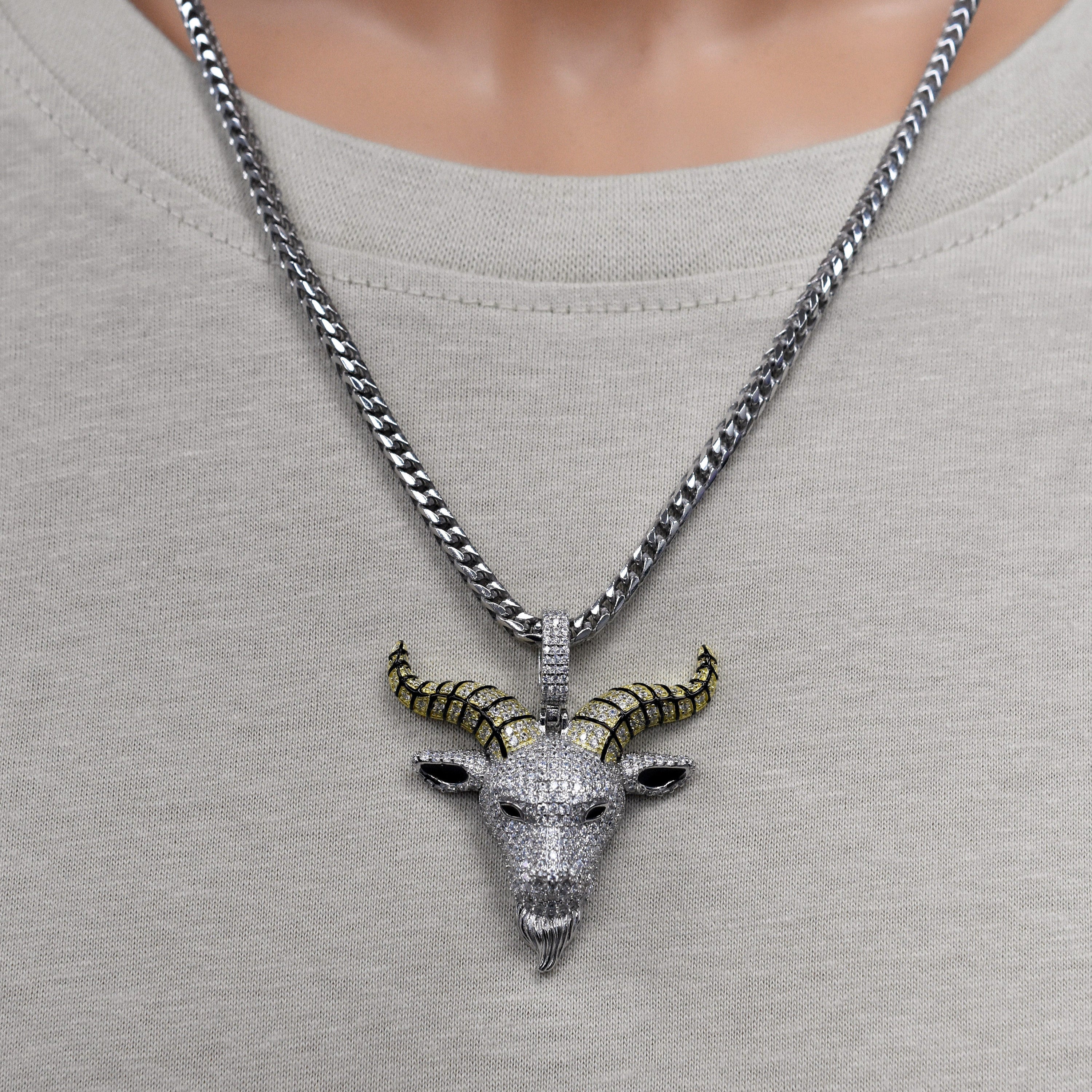 Rhodium Plated 925 Sterling Silver The Devil Goat Baphomet Black Enamel Clear CZ 39mm x 41mm Pendant - SLP00483