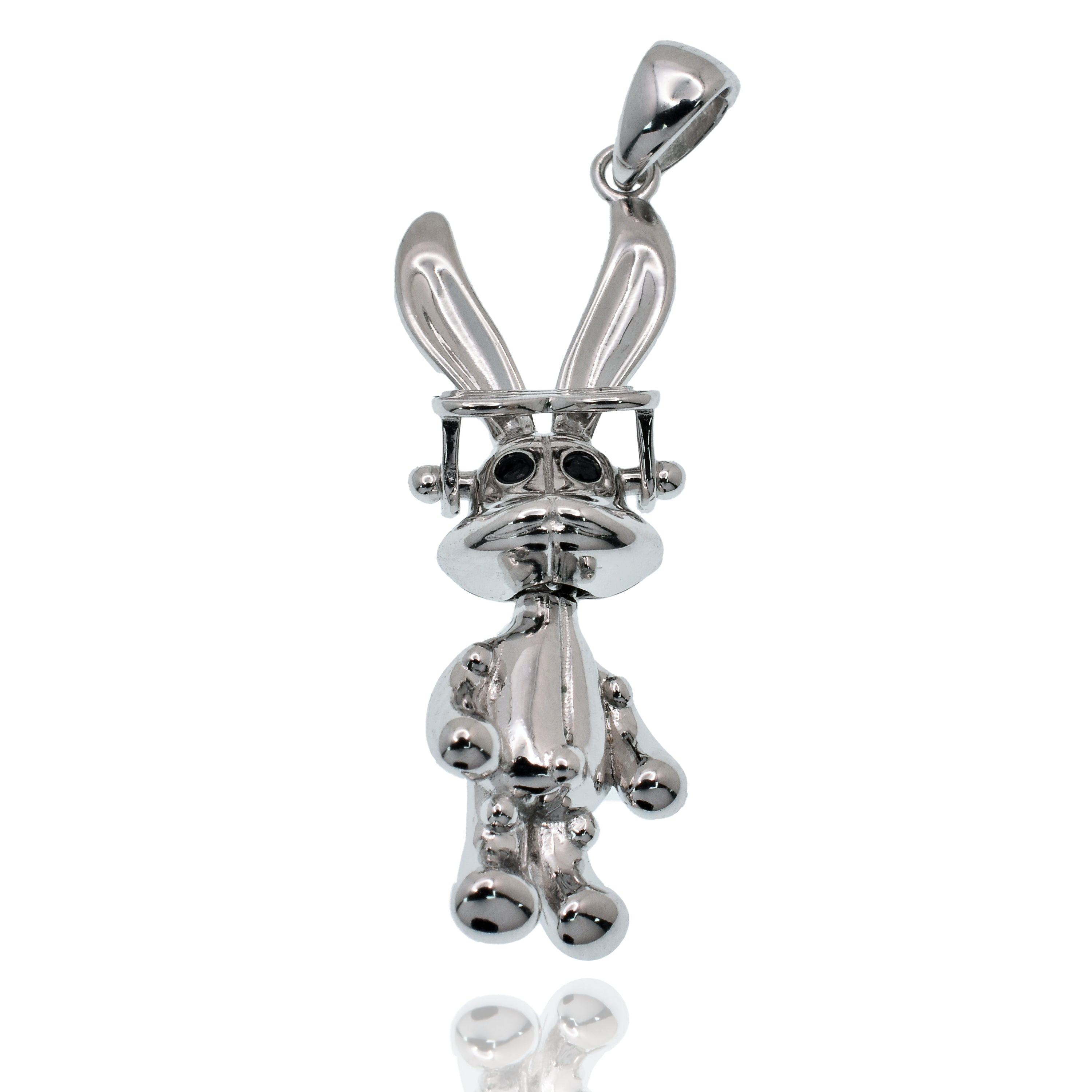 Rhodium Plated 925 Sterling Silver Rabbit Sunglasses Black CZ 10mm x 33mm Pendant - SLP00486