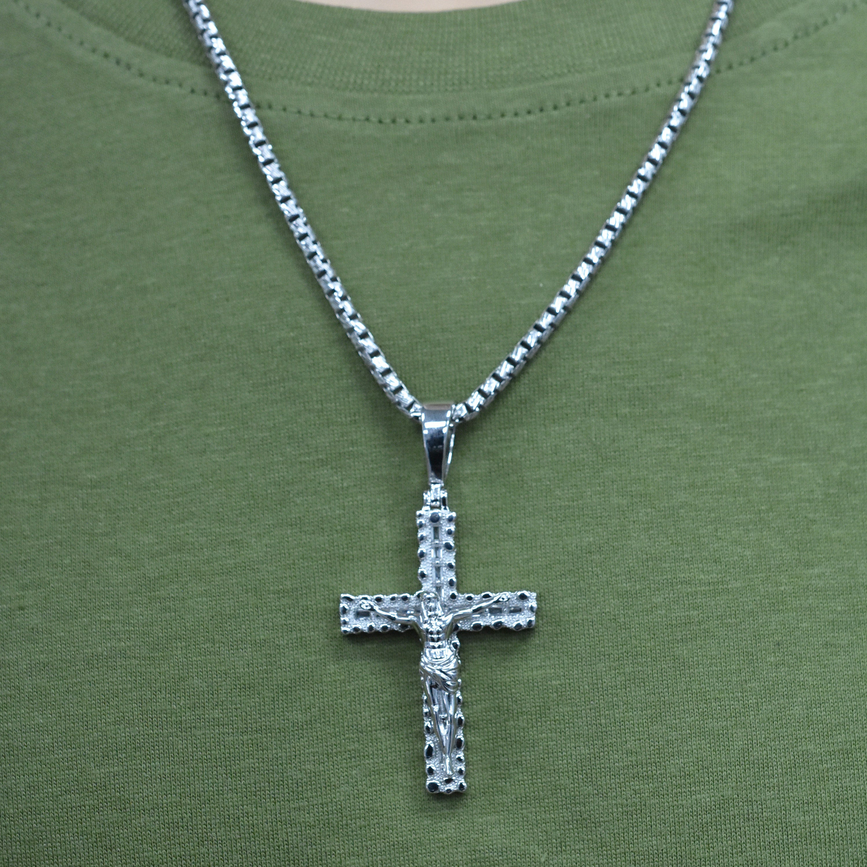 Rhodium Plated 925 Sterling Silver Nugget Crucifix Cross Baguette Clear CZ 29mm x 41mm Pendant - SLP00489