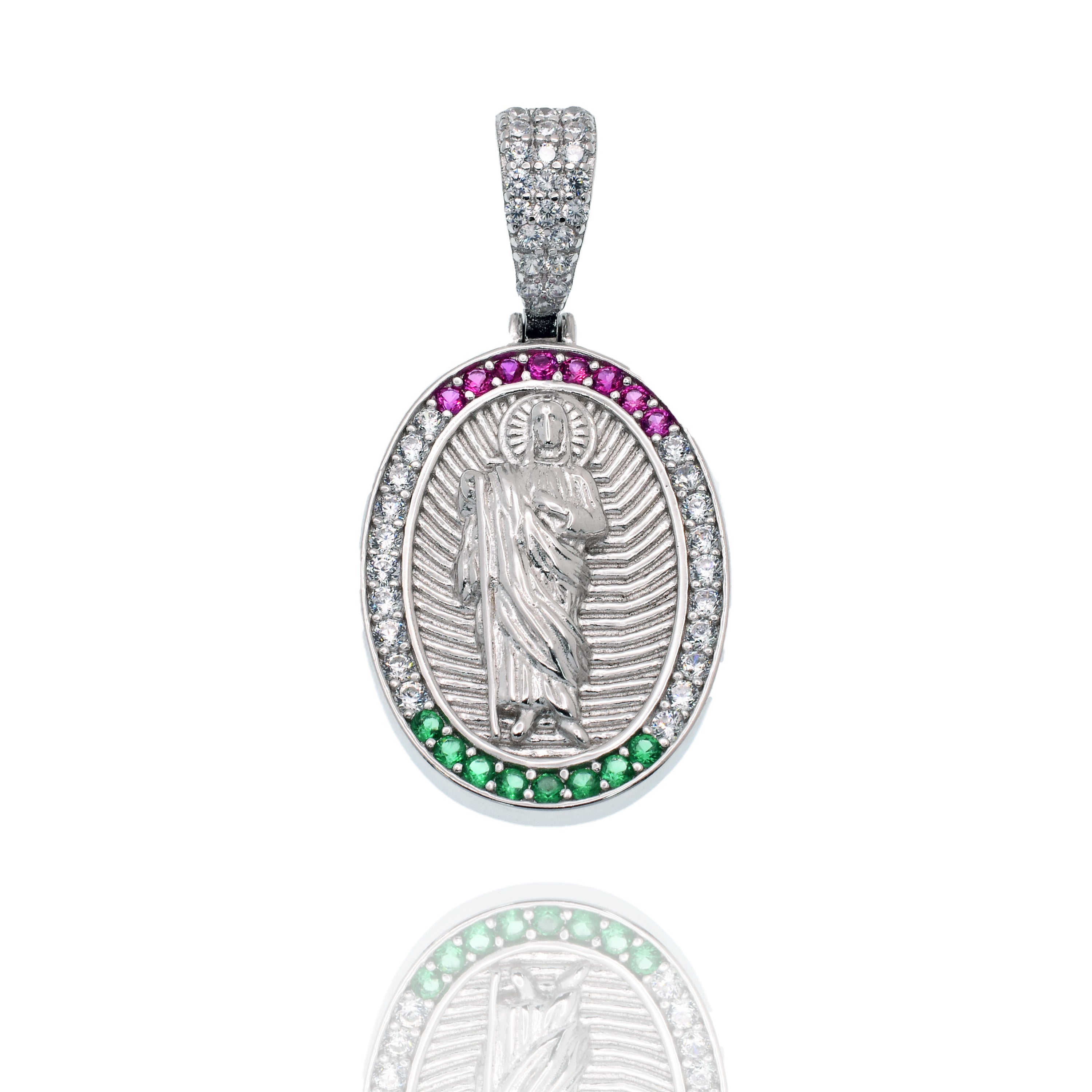 Rhodium Plated 925 Sterling Silver Saint Jude Clear Red and Green 17mm x 24mm Oval Pendant - SLP00490