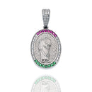 Rhodium Plated 925 Sterling Silver Saint Jude Clear Red and Green 17mm x 24mm Oval Pendant - SLP00490