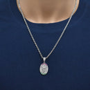 Rhodium Plated 925 Sterling Silver Saint Jude Clear Red and Green 17mm x 24mm Oval Pendant - SLP00490