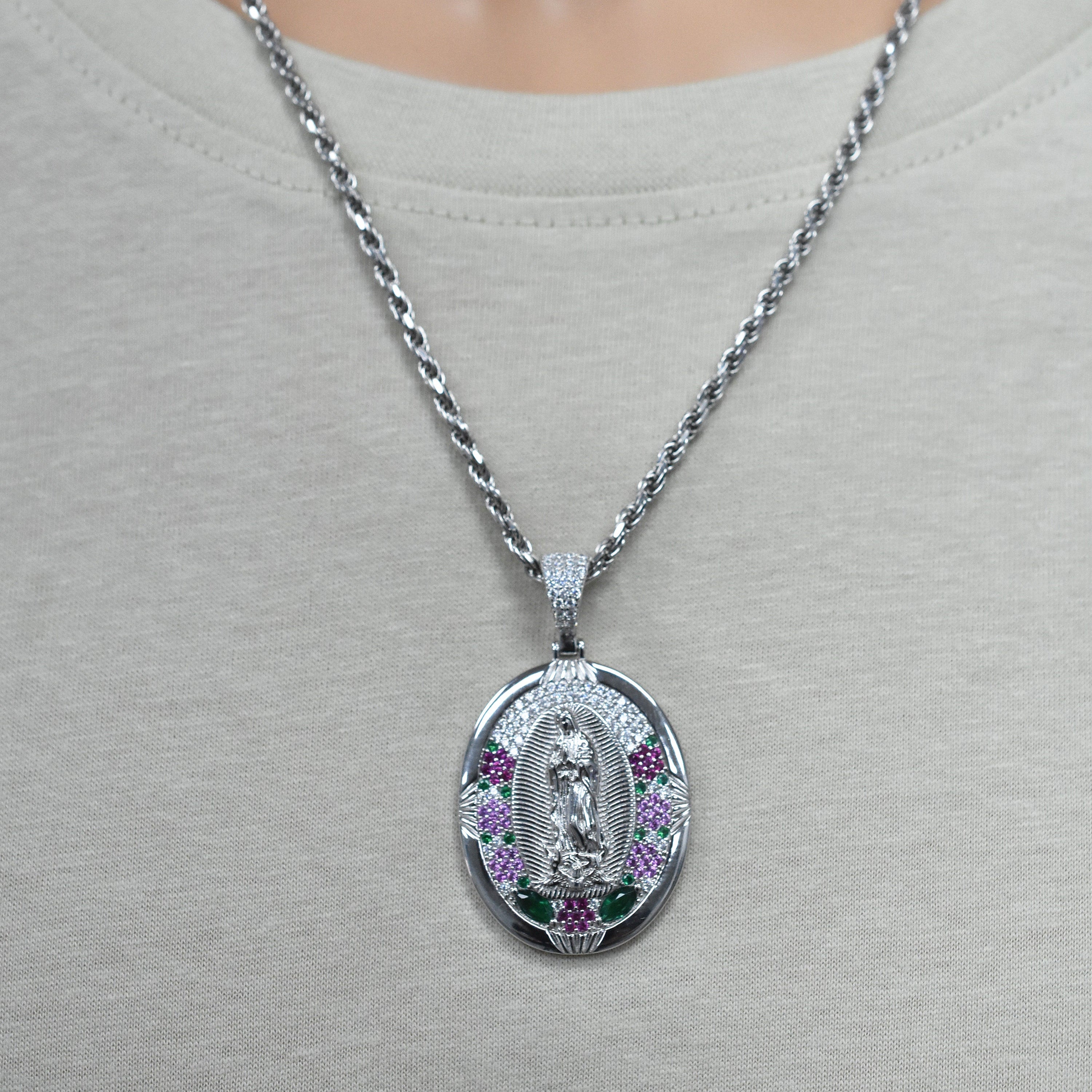 Rhodium Plated 925 Sterling Silver Our Lady of Guadalupe Multicolor CZ Iced Out 28mm x 35mm Pendant - SLP00492