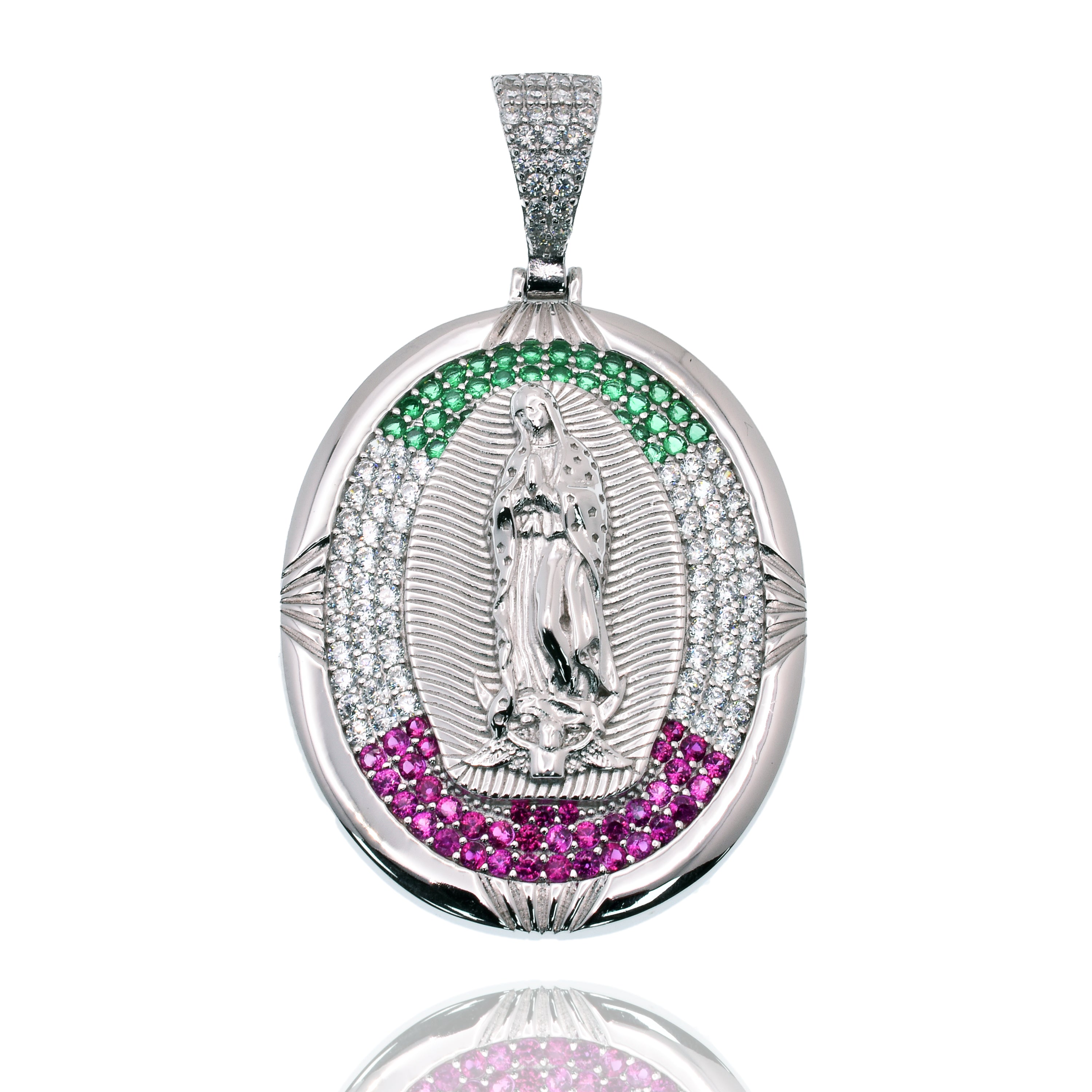Rhodium Plated 925 Sterling Silver Our Lady of Guadalupe Multicolor CZ Iced Out 28mm x 35mm Pendant - SLP00494