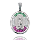 Rhodium Plated 925 Sterling Silver Our Lady of Guadalupe Multicolor CZ Iced Out 28mm x 35mm Pendant - SLP00494