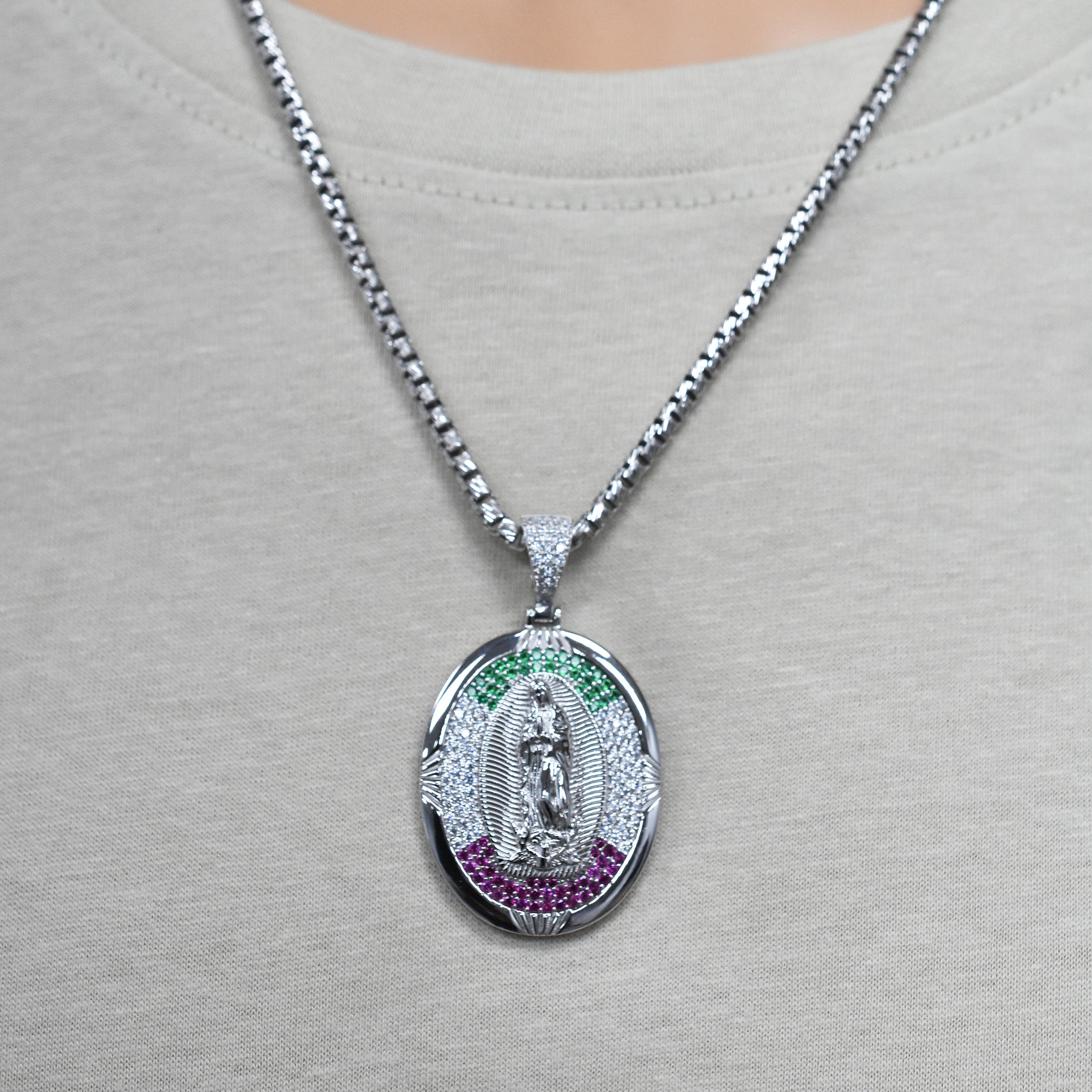 Rhodium Plated 925 Sterling Silver Our Lady of Guadalupe Multicolor CZ Iced Out 28mm x 35mm Pendant - SLP00494