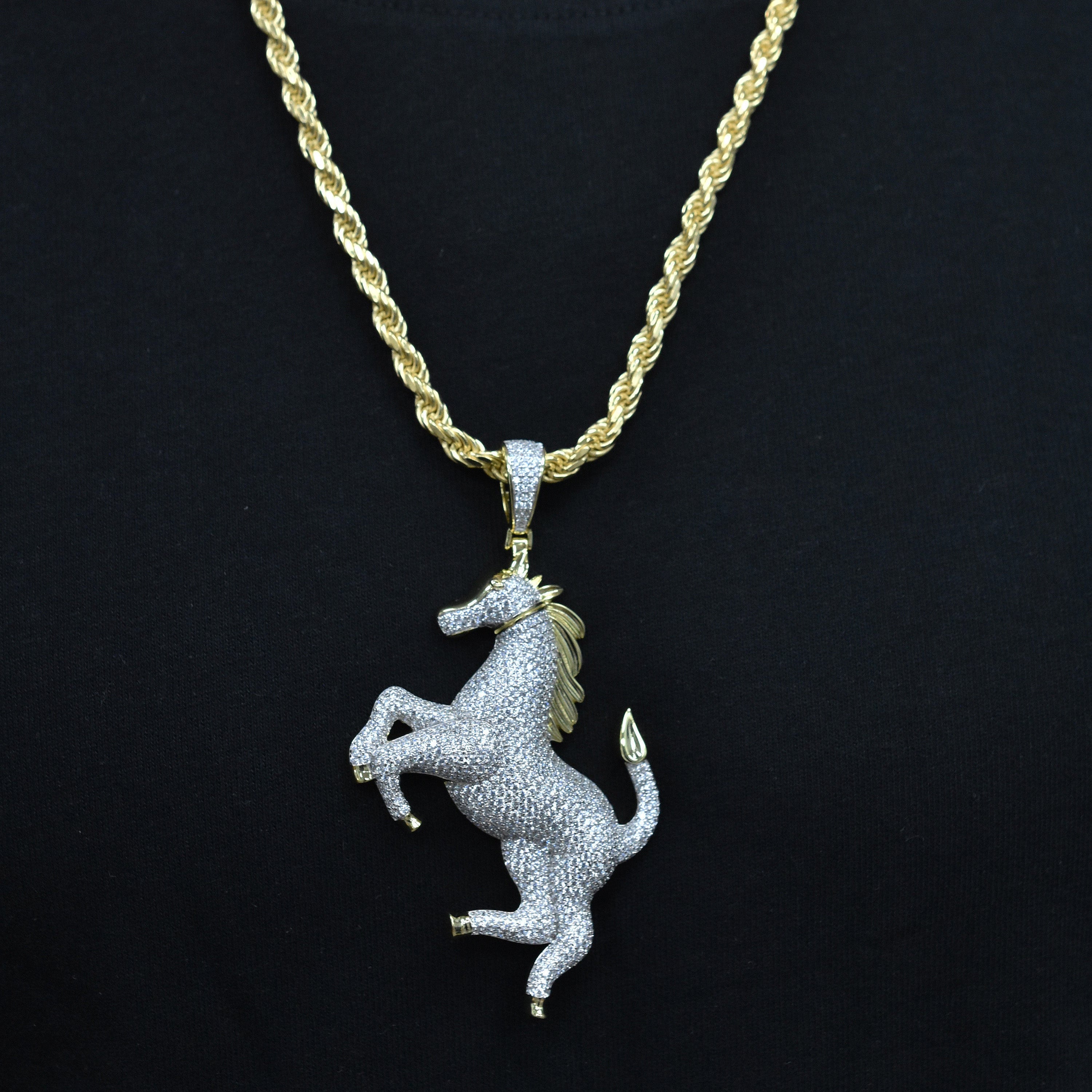 Two-Tone Plated 925 Sterling Silver Iced Out Horse 53mm x 65mm Pendant - SLP00496