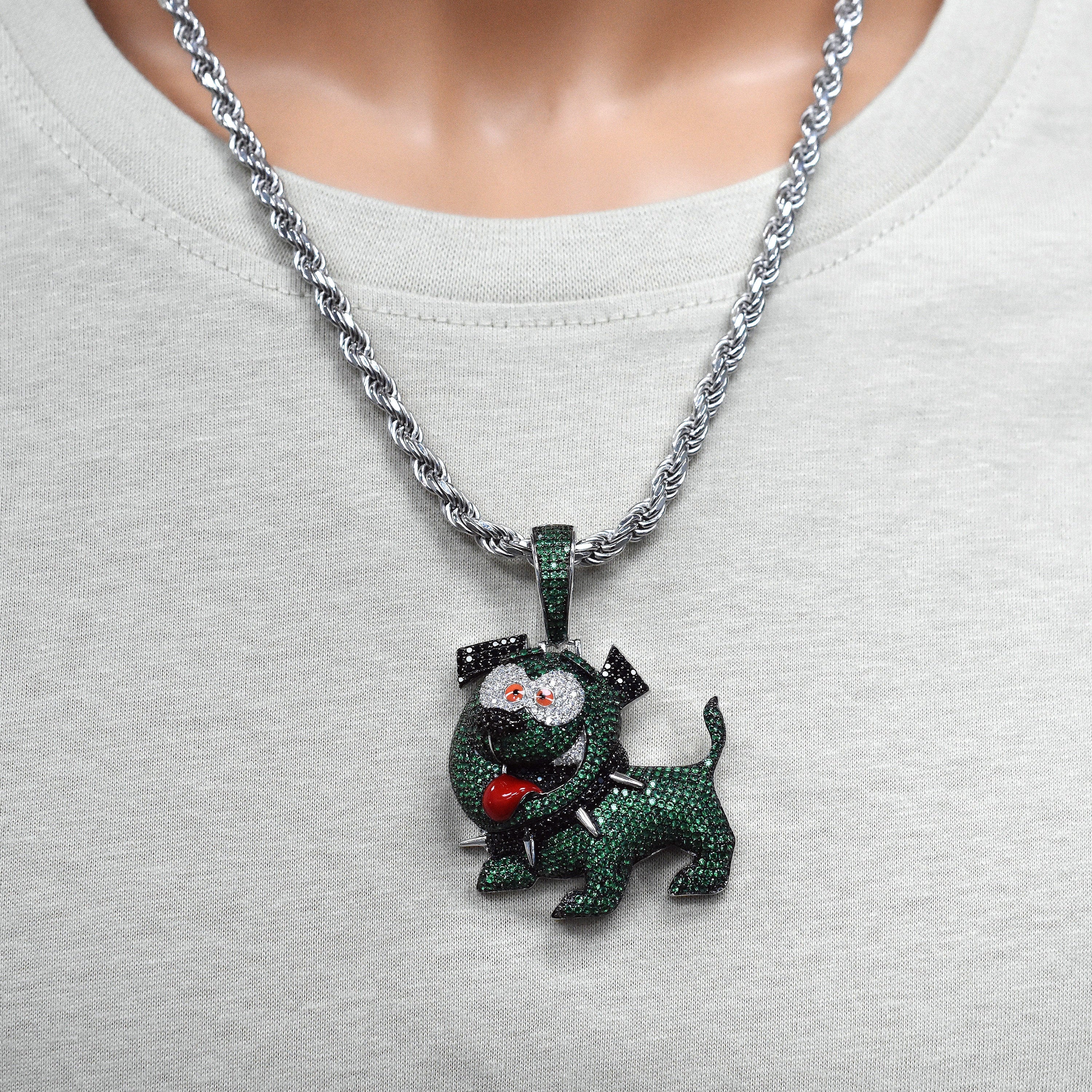 Rhodium Plated 925 Sterling Silver Iced Out Dog Green Black and Clear CZ 41mm x 40mm Pendant - SLP00497