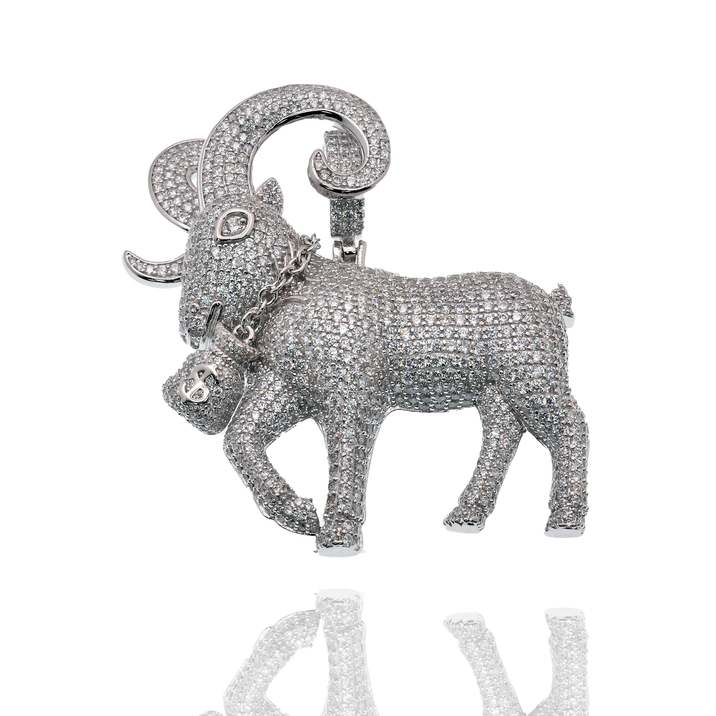 Rhodium Plated 925 Sterling Silver Iced Out Mountain Goat Money Bag Clear CZ 52mm x 58mm Pendant - SLP00498