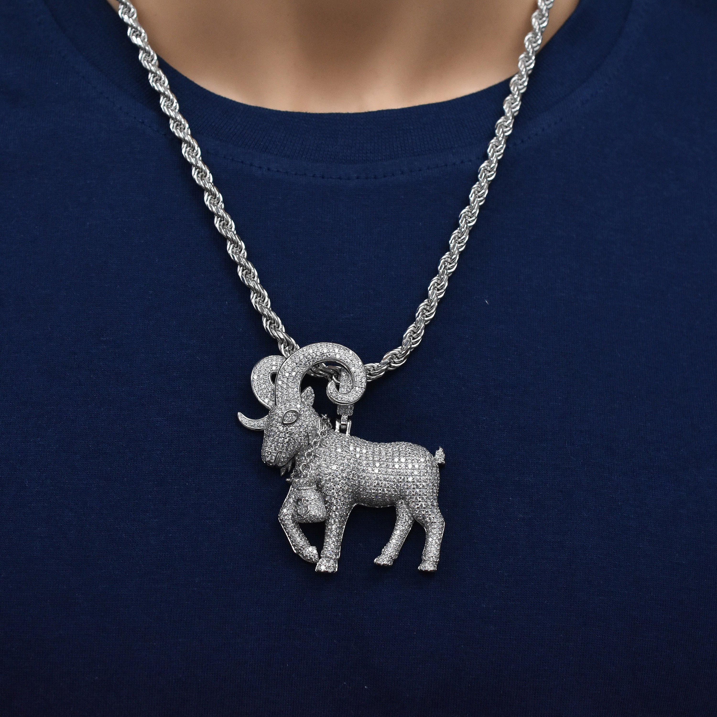 Rhodium Plated 925 Sterling Silver Iced Out Mountain Goat Money Bag Clear CZ 52mm x 58mm Pendant - SLP00498