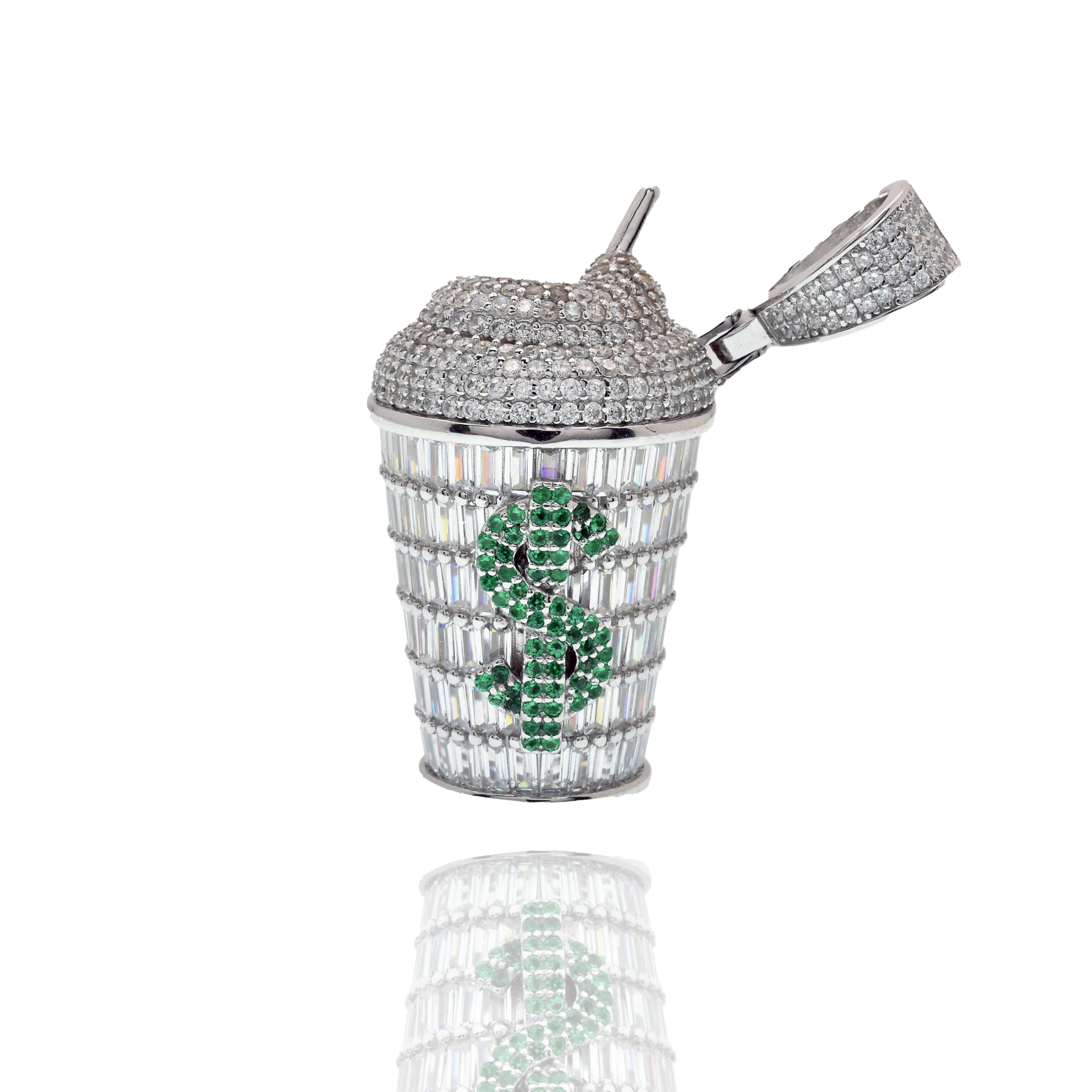 Rhodium Plated 925 Sterling Silver Milkshake Drink Cup Baguette Dollar Sign Green Clear CZ 20mm x 35mm Pendant - SLP00499