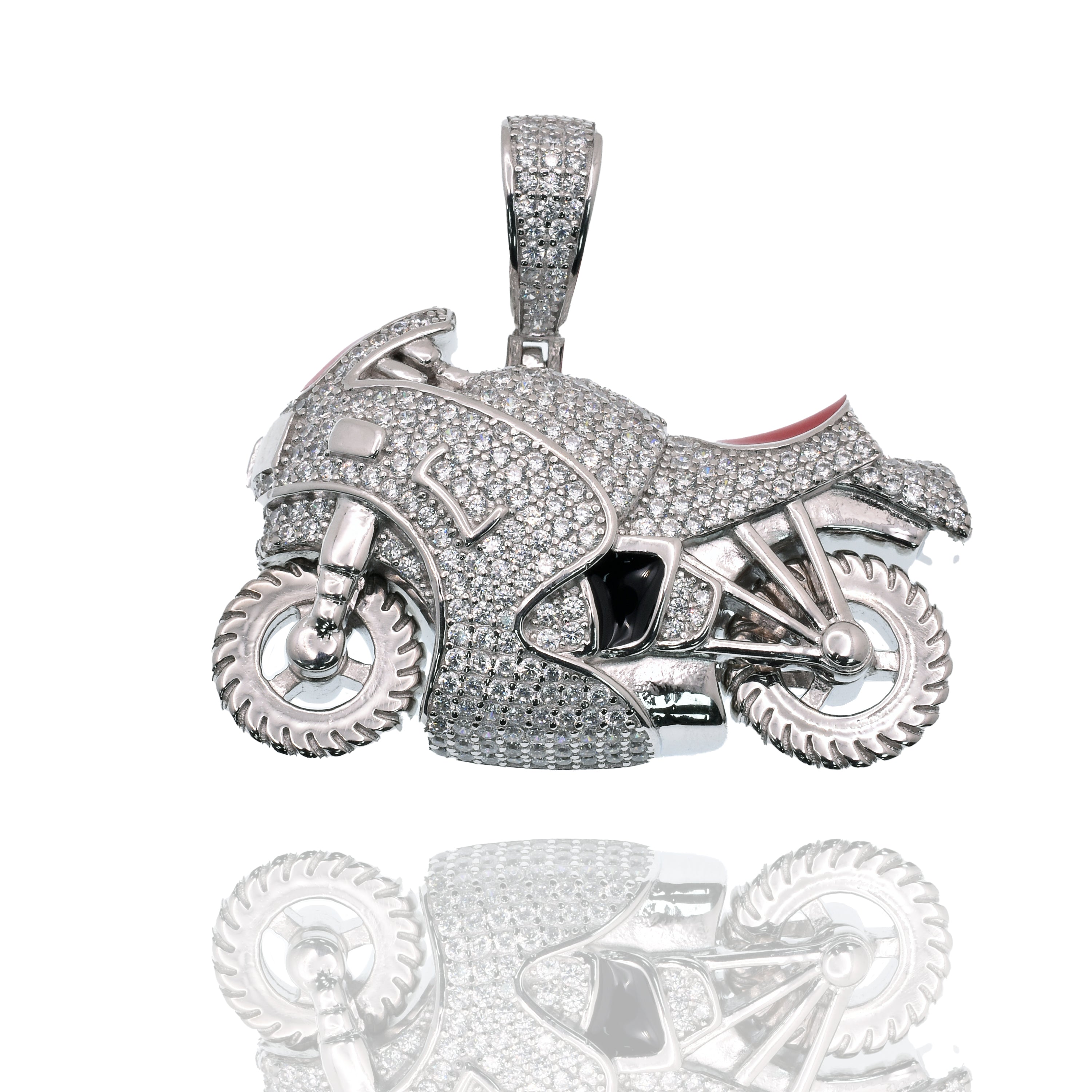 Rhodium Plated 925 Sterling Silver Motorcycle Red Enamel Iced Out Clear CZ 39mm x 25mm Pendant - SLP00501