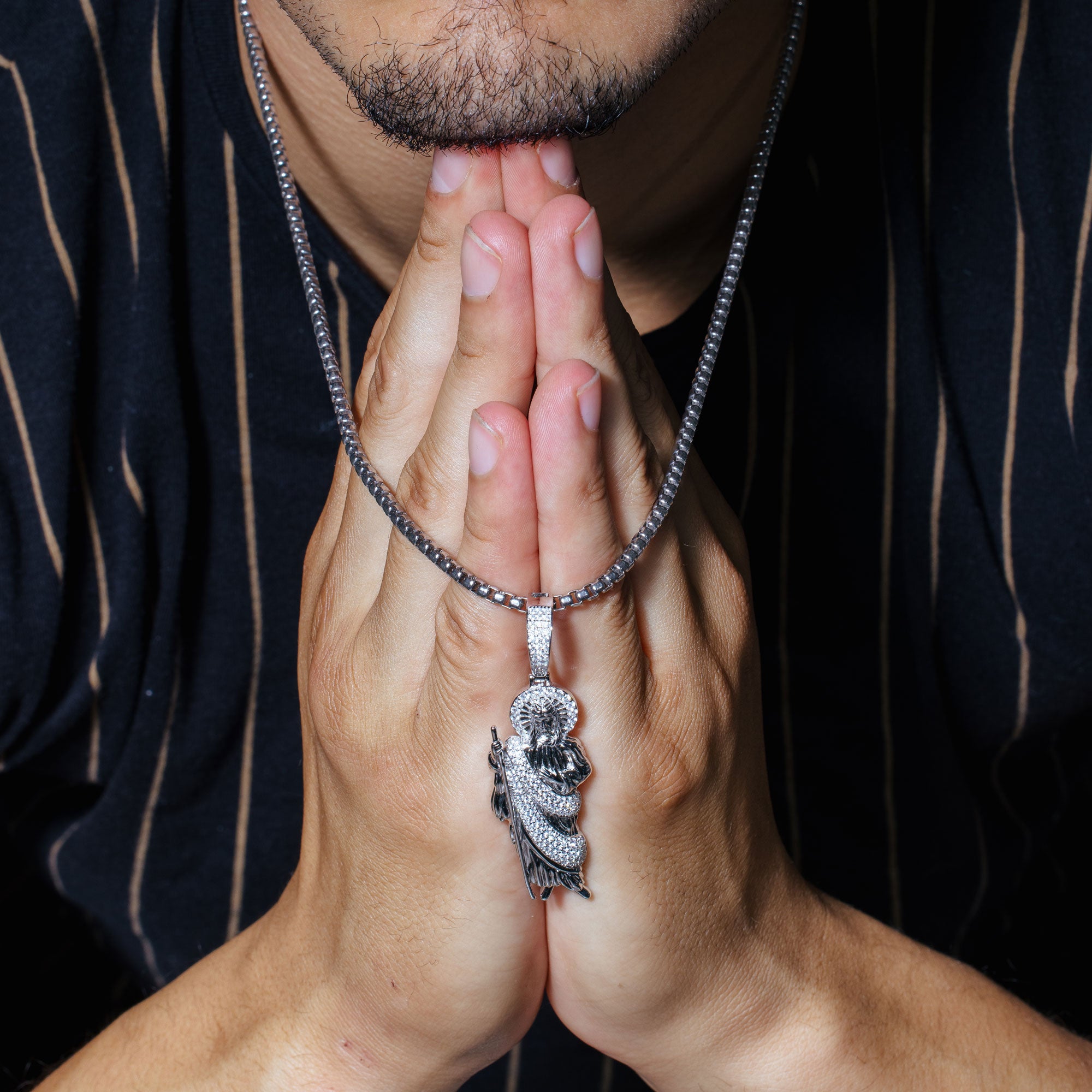 Rhodium Plated 925 Sterling Silver CZ St Jude Hip Hop Pendant - SLP00278RH