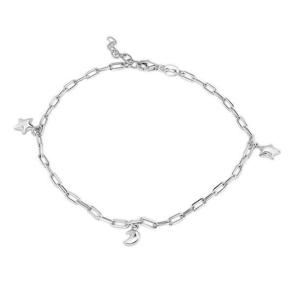 Rhodium Plated 925 Sterling Silver Paperclip Chain Stars and Moon Charm Adjustable Anklet - SOA00029