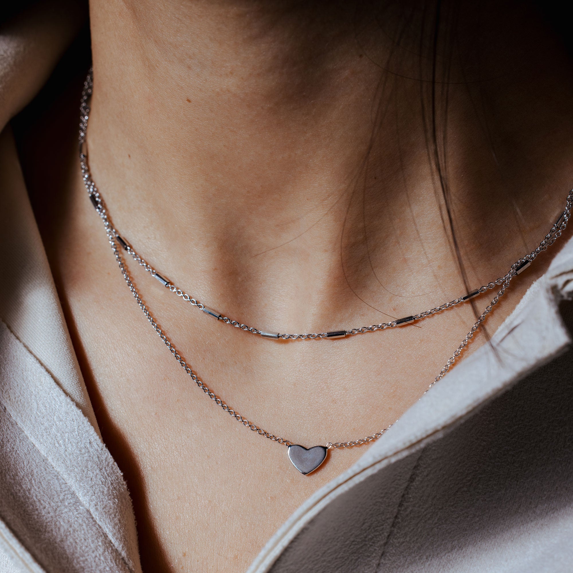 Rhodium Plated 925 Sterling Silver Double Link Heart Pendant Necklace - SOP00062