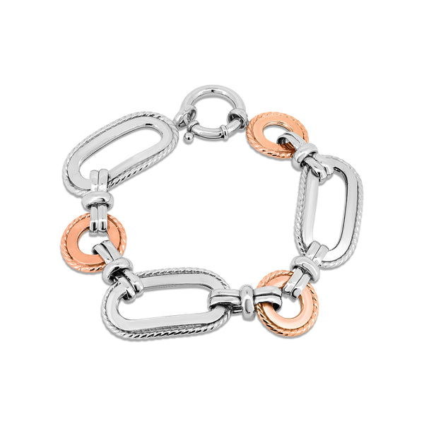 925 Sterling Silver 2 Toned Rose Gold and Rhodium Plated Fancy Link Bracelet - SPB00014RGP