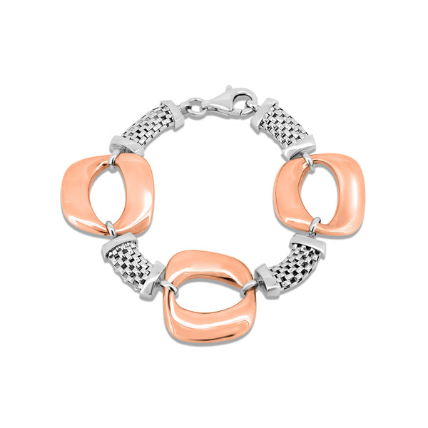 925 Sterling Silver 2 Toned Rose Gold and Rhodium Plated Fancy Link Bracelet - SPB00015RGP