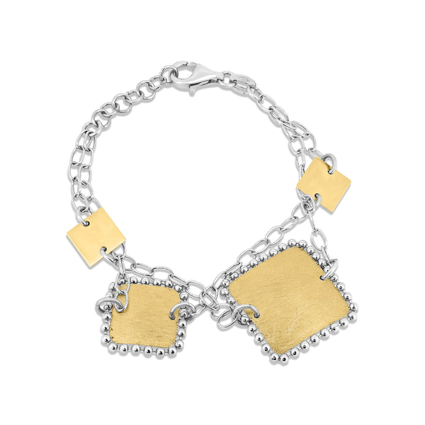 925 Sterling Silver 2 Toned Gold and Rhodium Plated Fancy Matte Finish Square Link Bracelet - SPB00016