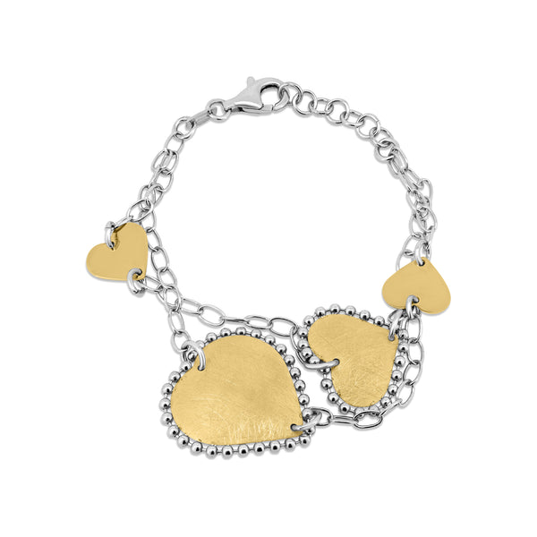 925 Sterling Silver 2 Toned Gold and Rhodium Plated Fancy Matte Finish Heart Link Bracelet - SPB00017