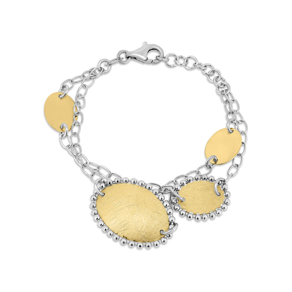 925 Sterling Silver 2 Toned Gold and Rhodium Plated Fancy Matte Finish Oval Link Bracelet - SPB00018