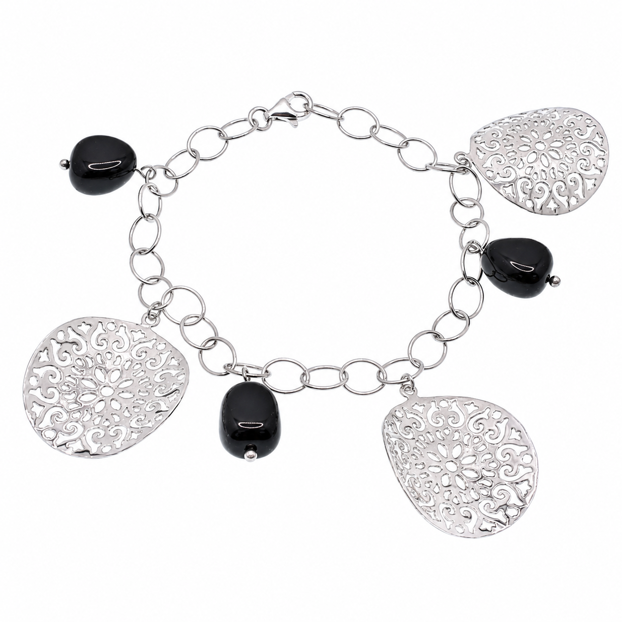 Clearance - Rhodium Plated 925 Silver Onyx & Warped Floral Disc Charm Bracelet- SPB00042