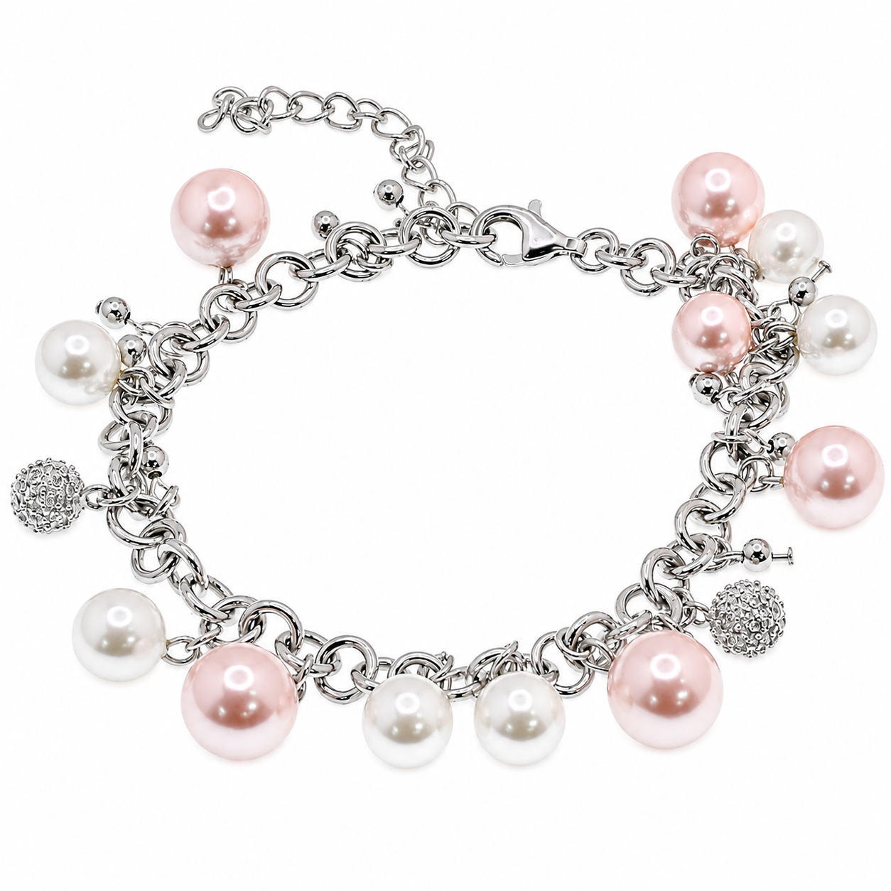 Clearance - Rhodium Plated 925 Silver White & Pink Multi Pearl & CZ Charm Bracelet- SPB00043