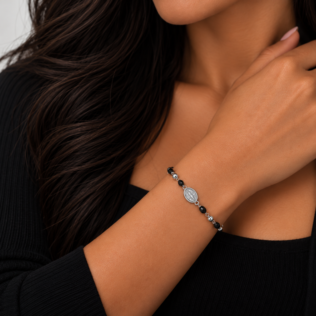Final Price-Rhodium Plated 925 Sterling Silver Virgin Mary Guadalupe & Cross Onyx Beaded Bracelet - SPB00049