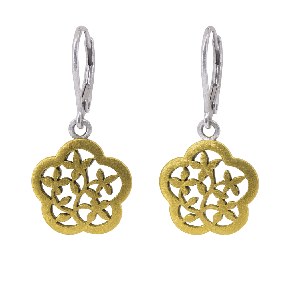 Clearance - Silver Matte Finish Dangling Gold Plated Flower Earrings - SPE00002