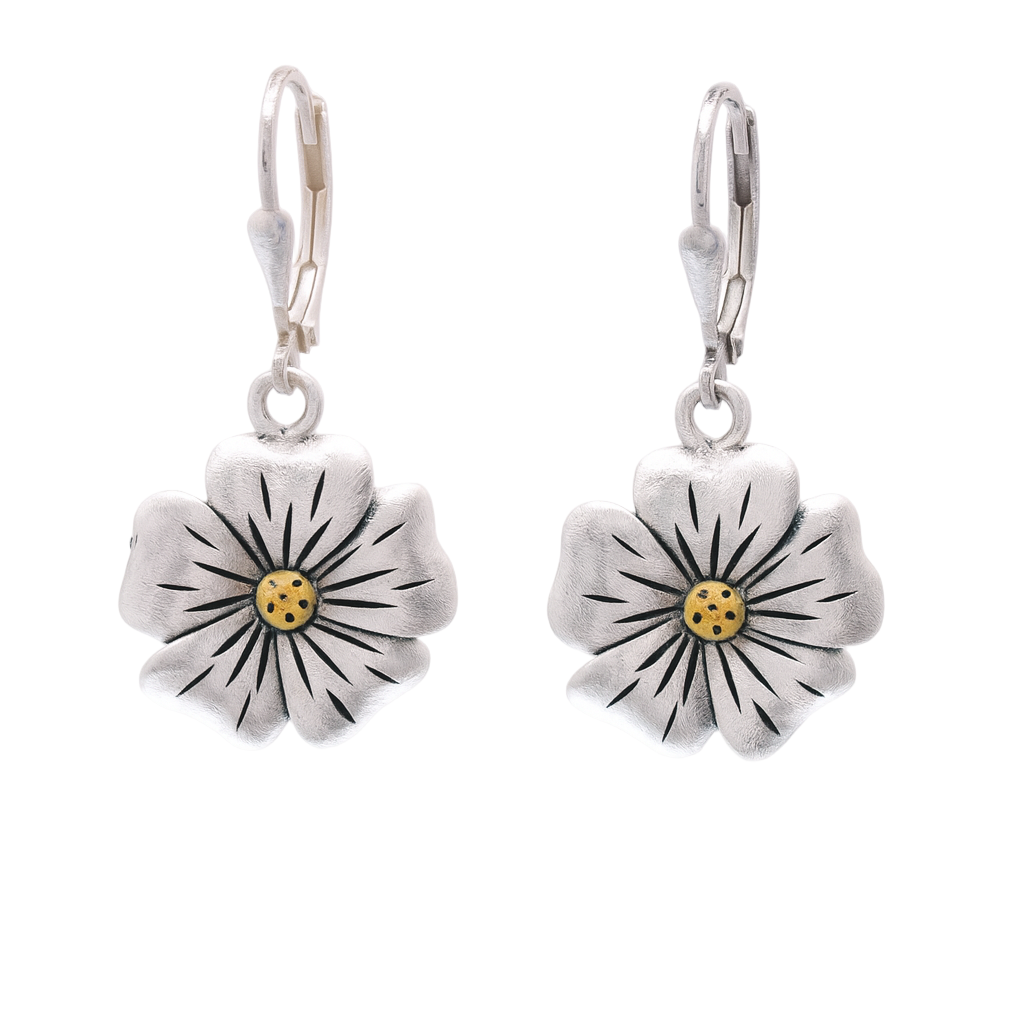 Clearance - Silver Matte Finish & Gold Plated Dangling Flower Earrings - SPE00003