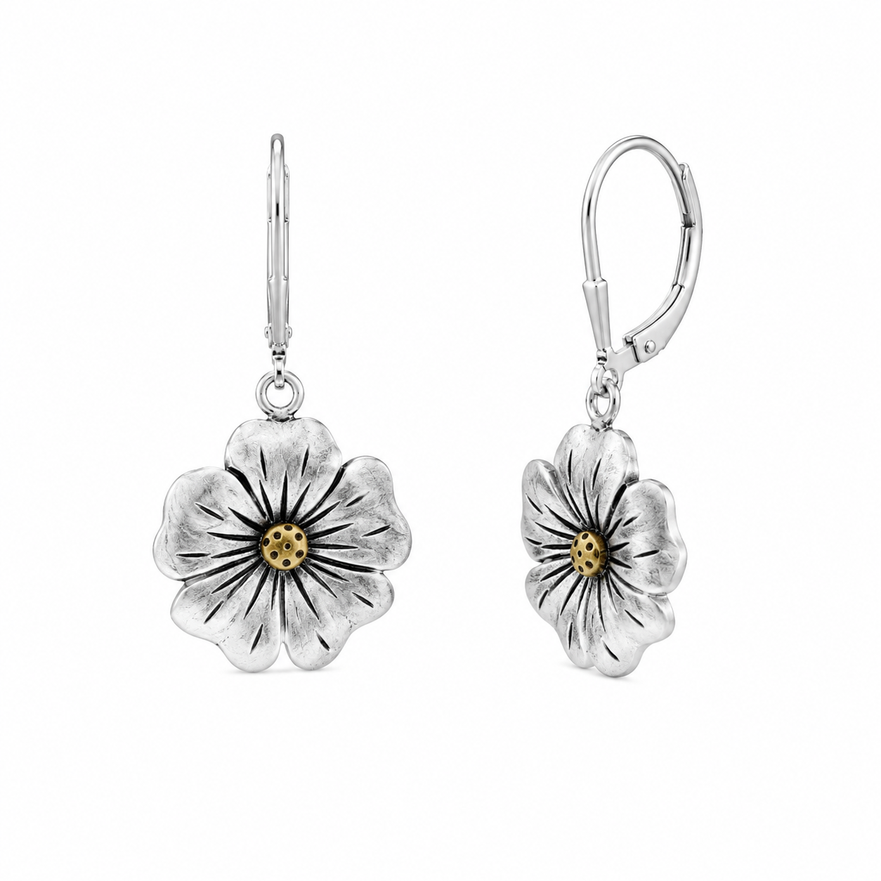 Clearance - Silver Matte Finish & Gold Plated Dangling Flower Earrings - SPE00003