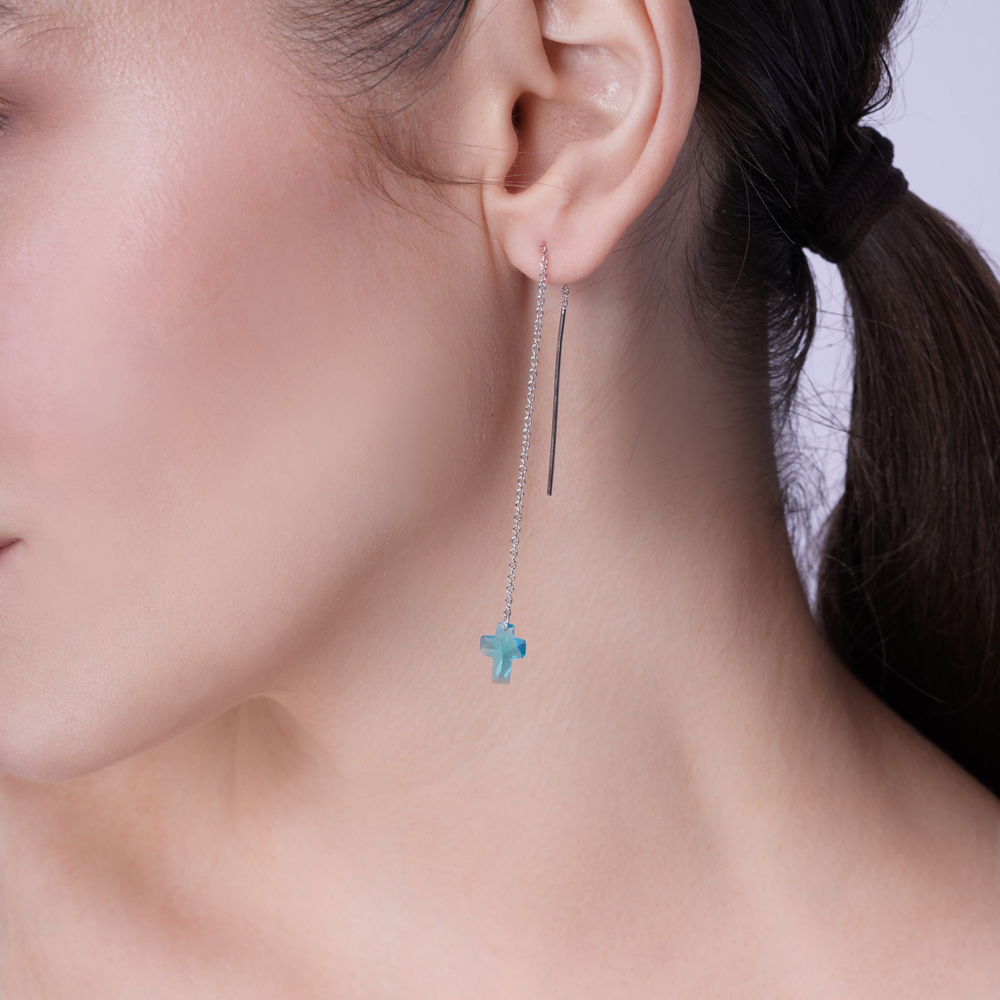 Rhodium Plated 925 Sterling Silver Threaded Colored CZ Cross Earrings - SPE00011