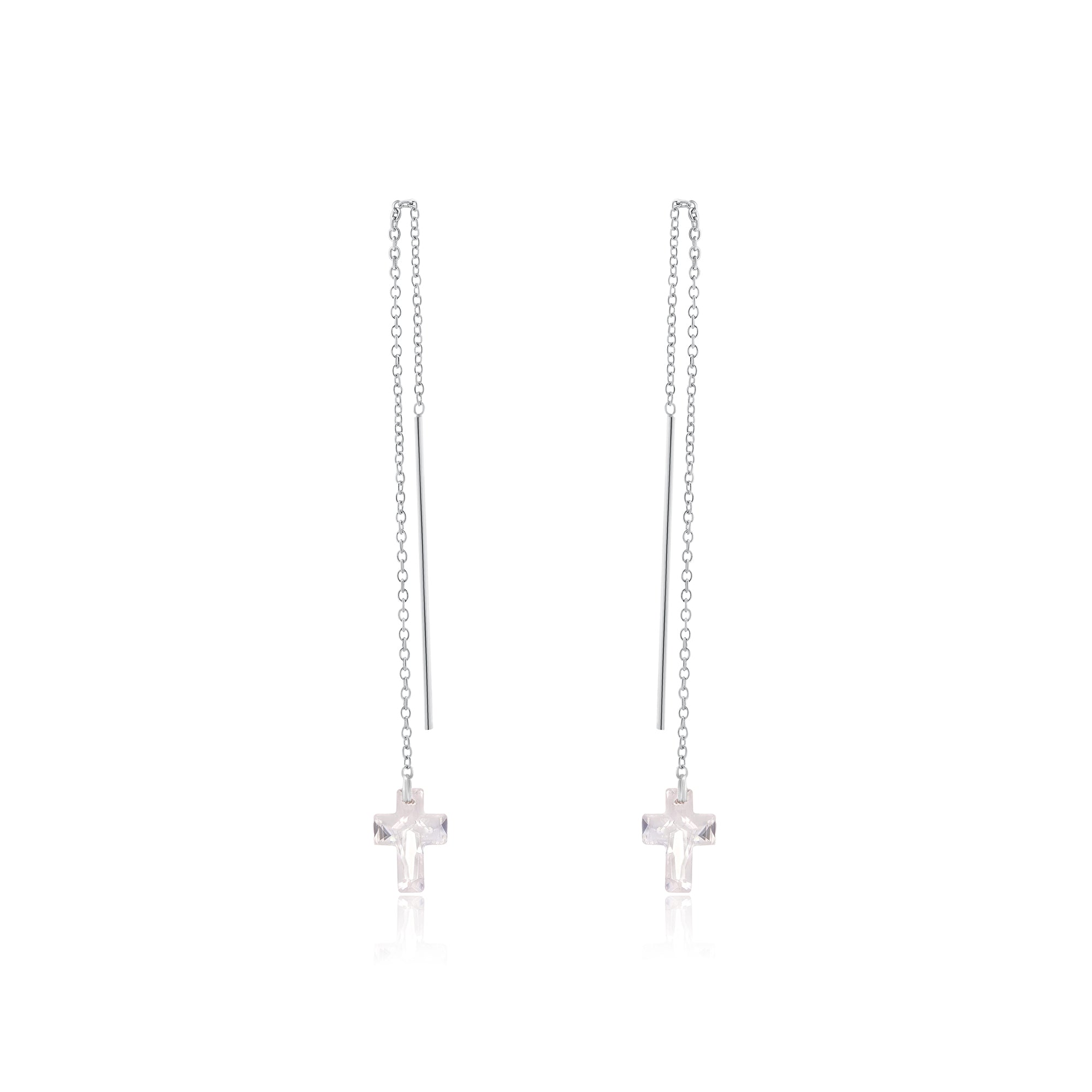 Rhodium Plated 925 Sterling Silver Threaded Colored CZ Cross Earrings - SPE00011