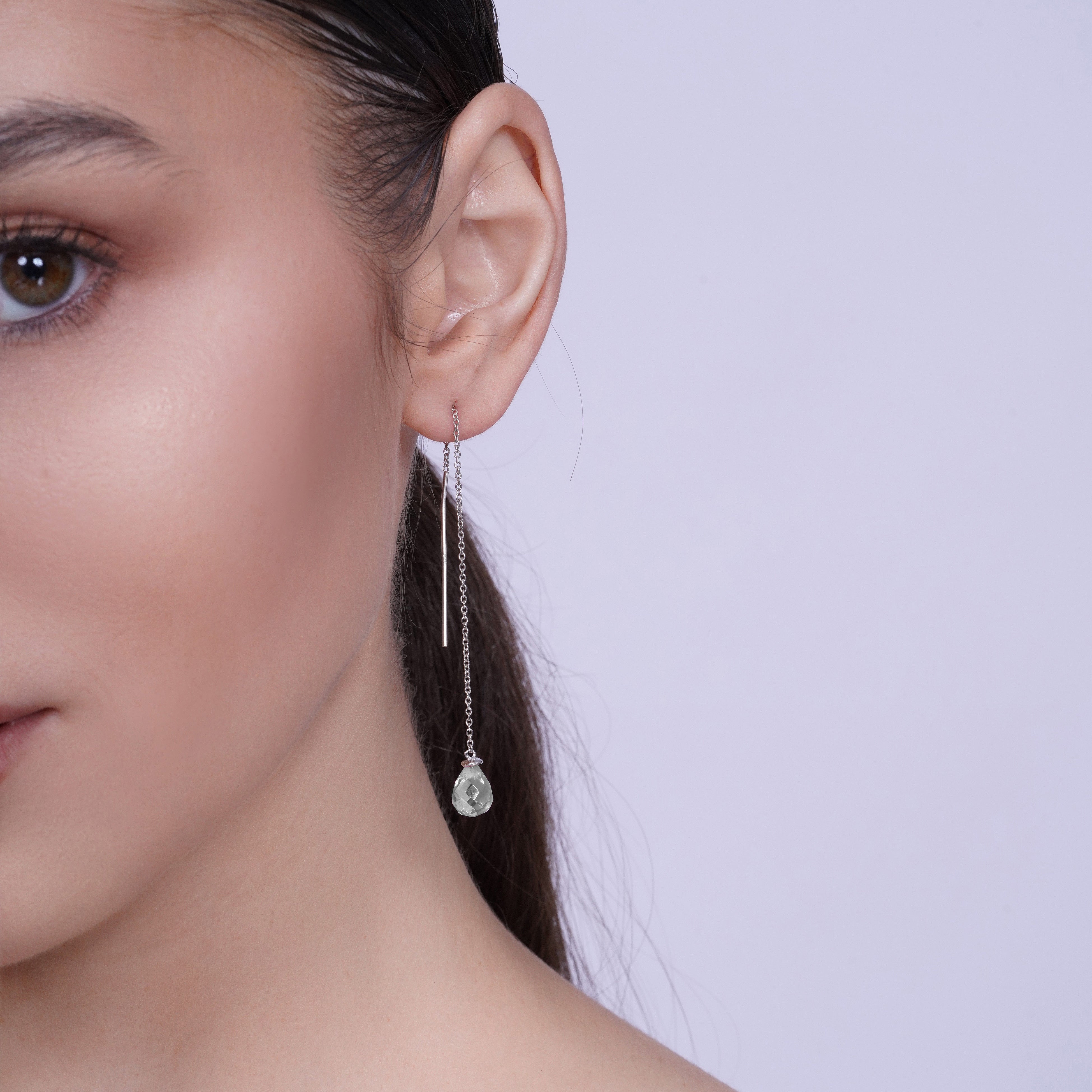 Rhodium Plated 925 Sterling Silver Threaded CZ Tear Drop Earrings- SPE00013