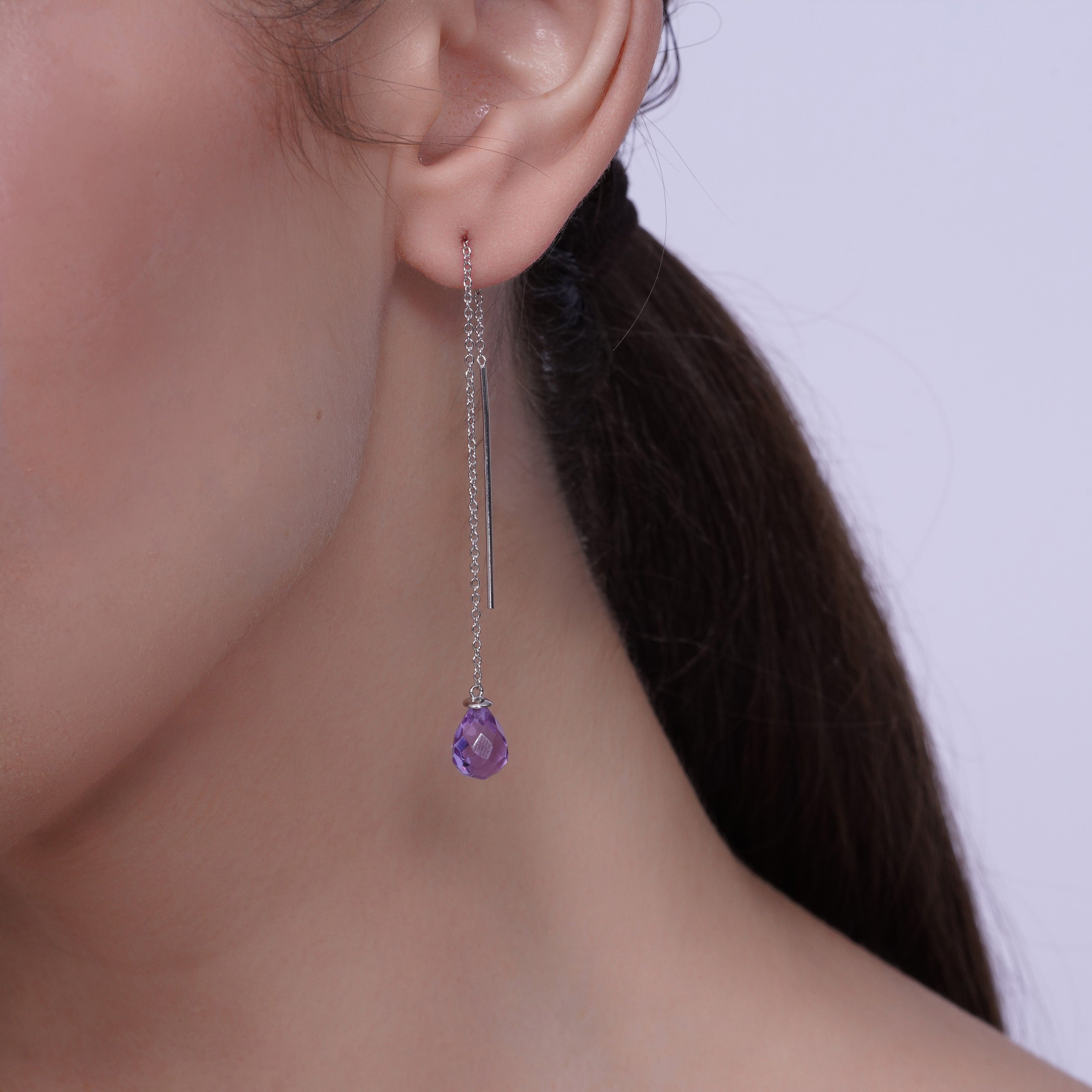 Rhodium Plated 925 Sterling Silver Threaded CZ Tear Drop Earrings- SPE00013